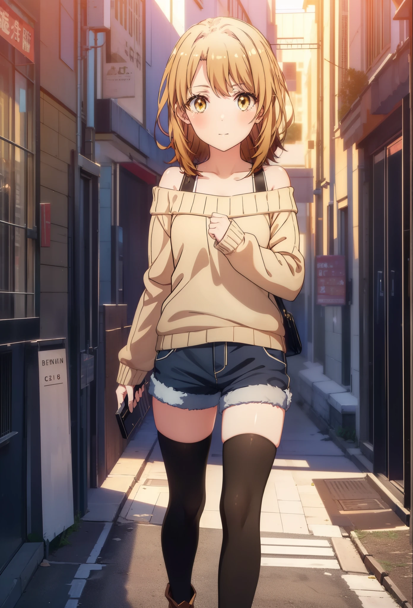 irohaisshiki, iroha isshiki, long hair, brown hair, (brown eyes:1.5), smile,blush,short braided hair,ponytail,off shoulder sweater,bare shoulders,naked neck,bare clavicle, oversized sweater, oversized sweater, shorts,black pantyhose,short boots,morning日,morning,the sun is rising,walking,,
break outdoors, building street,In town,
break looking at viewer,
break (masterpiece:1.2), highest quality, High resolution, unity 8k wallpaper, (figure:0.8), (detailed and beautiful eyes:1.6), highly detailed face, perfect lighting, Very detailed CG, (perfect hands, perfect anatomy),