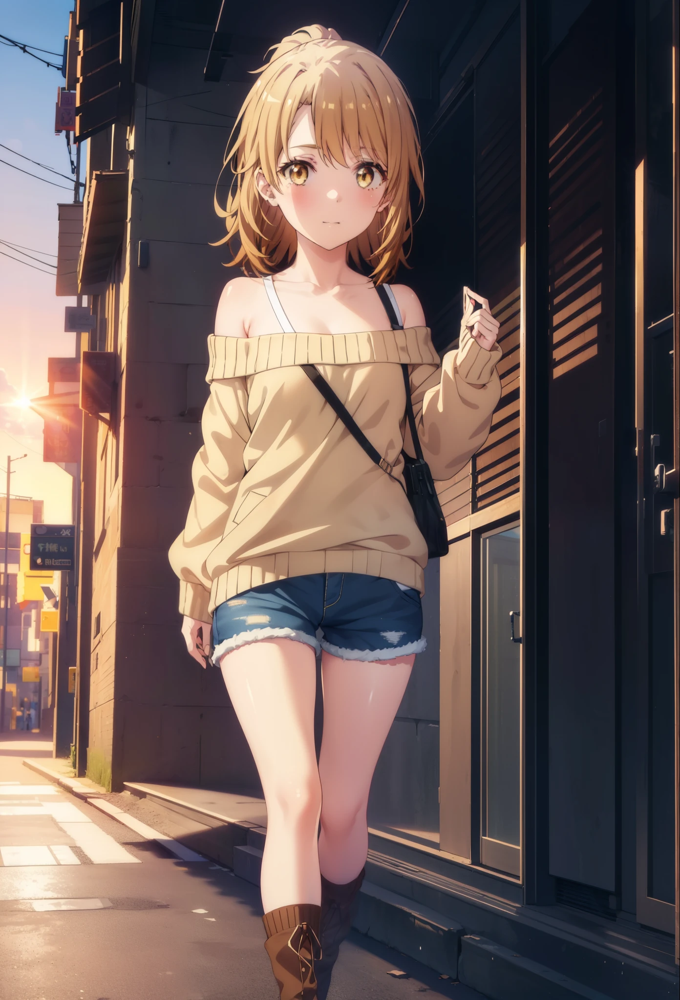 irohaisshiki, iroha isshiki, long hair, brown hair, (brown eyes:1.5), smile,blush,short braided hair,ponytail,off shoulder sweater,bare shoulders,naked neck,bare clavicle, oversized sweater, oversized sweater,  shorts,black pantyhose,short boots,morning日,morning,the sun is rising,walking,,
break outdoors, building street,In town,
break looking at viewer,
break (masterpiece:1.2), highest quality, High resolution, unity 8k wallpaper, (figure:0.8), (detailed and beautiful eyes:1.6), highly detailed face, perfect lighting, Very detailed CG, (perfect hands, perfect anatomy),