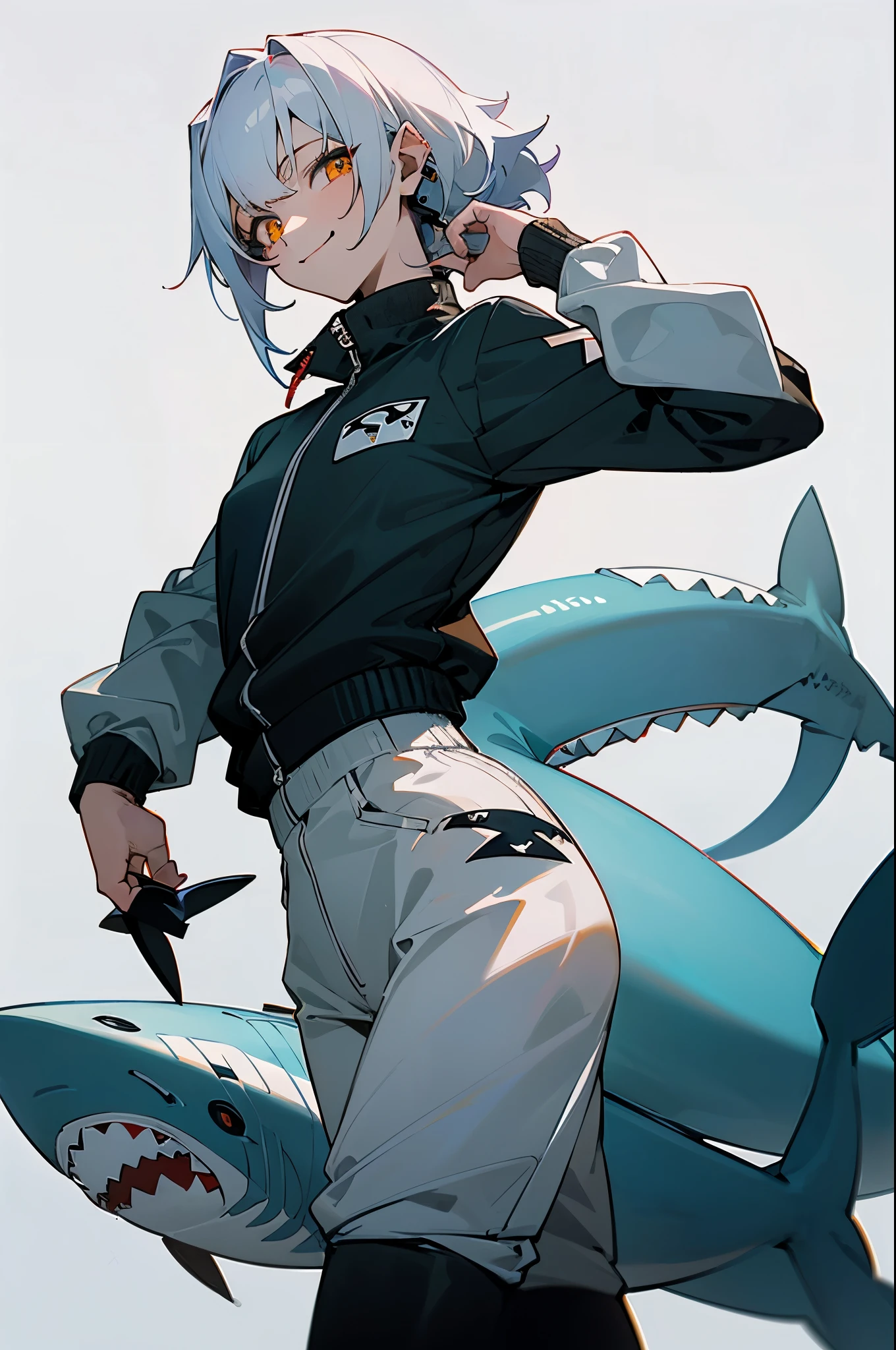 habeom,solo, yellow eyes, looking at viewer, smile, simple background, white background, mole, from side, piercing, colored inner hair, ((shark fins on head)), (((hidden hand))), ((tracksuit)), snake eyes, ((negative_hand-neg))
