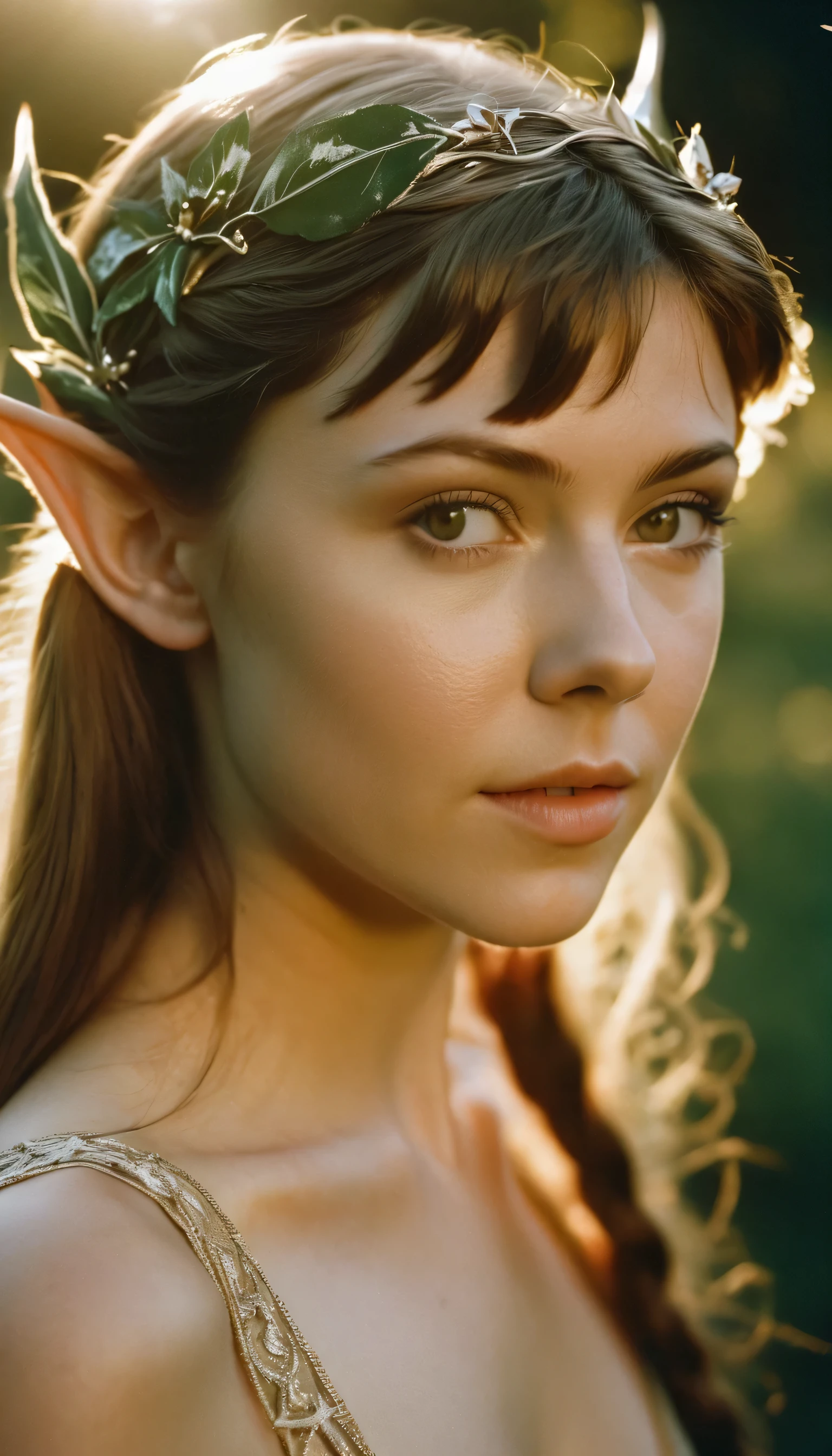 analog film photo, photo of a young elven girl, 18 years old, elf ears, amber eyes, dark hair, long messy waves, sun-tanned complexion, olive skintone, Amazonian stature, voluptuous hourglass figure, busty bosom, narrow waist, full hips, big plump buttocks, wearing elven lingerie, resembles Katie McGrath, strolling through a fantasy landscape, RAW Photograph, dslr, soft lighting, high quality, film grain, Fujifilm XT3, detailed skin with visible pores, insane details, masterpiece, 8k, 35mm photograph, dslr, kodachrome, faded film, desaturated, grainy, vintage, Lomography, stained, highly detailed, found footage, close-up shot, elven ears