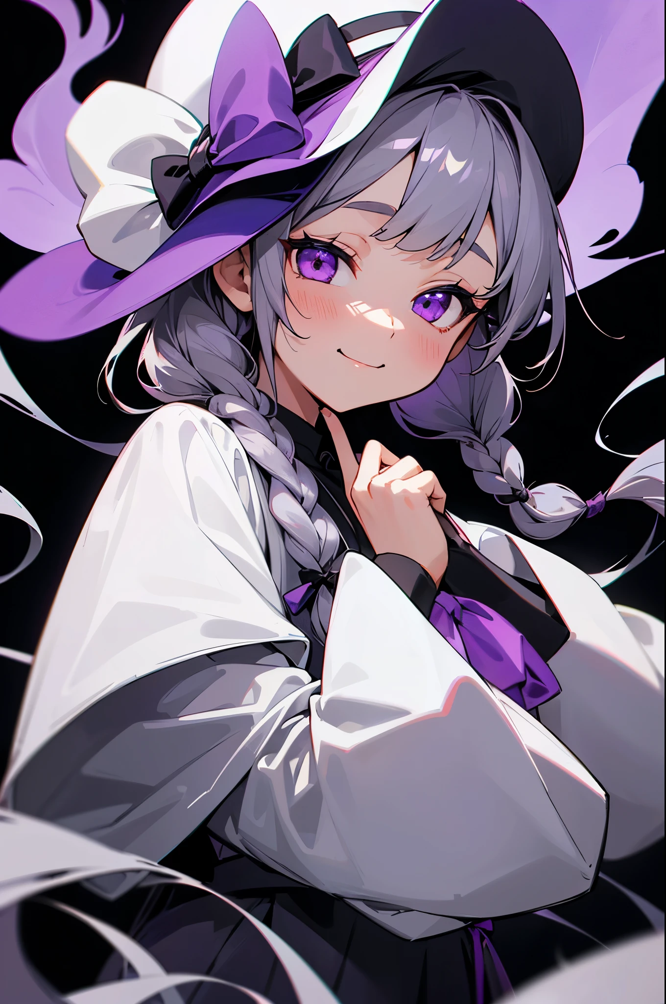 1girl, solo, twin braids, long hair, braid, looking at viewer, hat, black background, purple eyes, long sleeves, smile, bow, sleeves past wrists, simple background, grey hair, hair bow, stitches, closed mouth, bangs, smoke, white headwear, shirt ///////////
