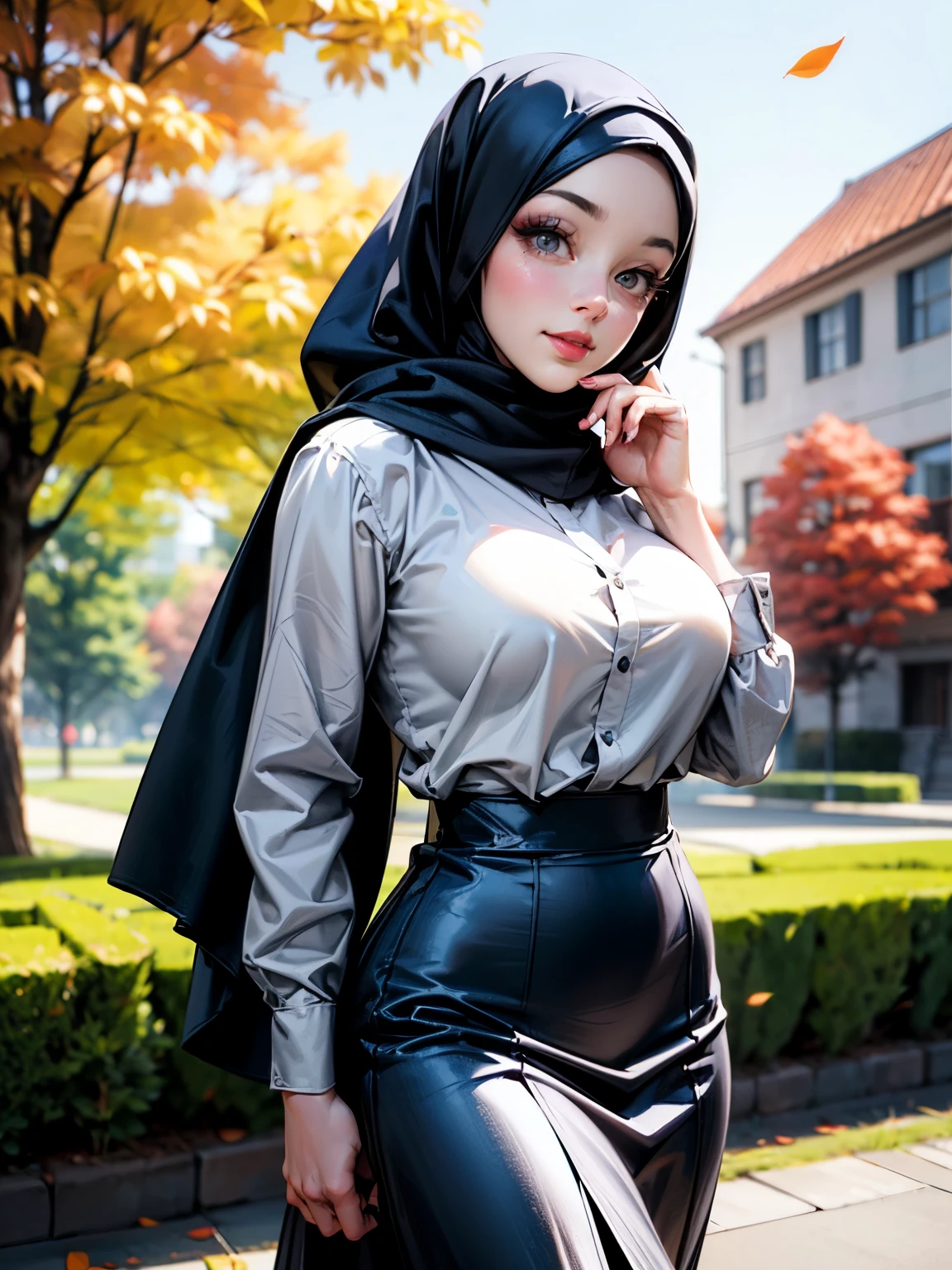 3dmm style, Masterpiece, realistic, best quality, best lighting, beautiful mature Czech woman, 1 girl photo solo, beautifully makeup, eyeshadow, Parted Lips, Detailed Eyes, Big eyes, brown eyes, long eye lashes, dimples on the cheeks, smile, wearing ((Dark blue satin hijab)), loosely tide hijab style, ((gray satin shirt and satin long skirt)), (Half-body portrait), Front view, Symmetric Centre, facing the viewer, walking on trails autumn garden.