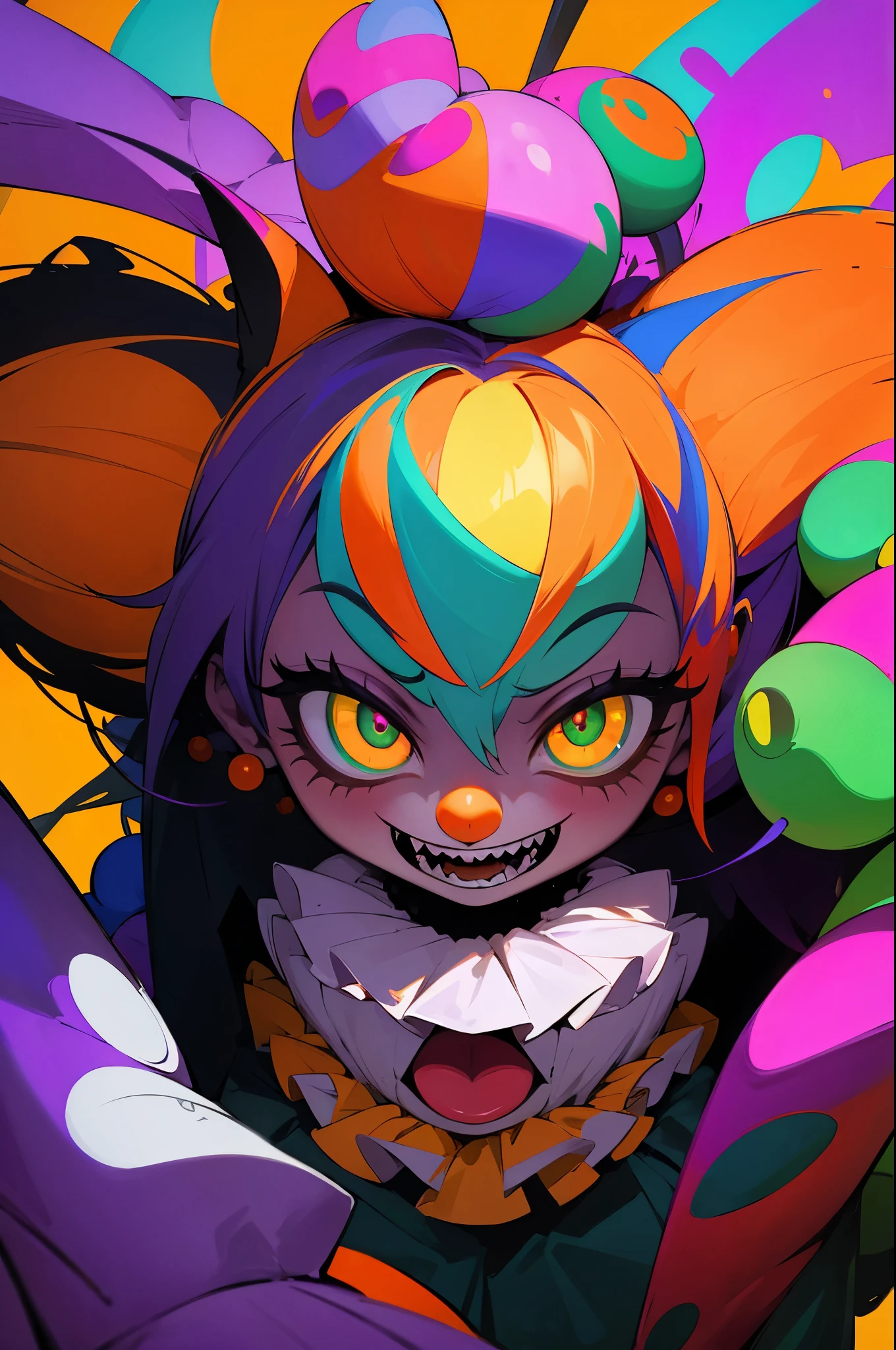 hiquality,tmasterpiece,Clown Catgirl, crazy eyes,psychopath, schizophrenic,laughs like a maniac,clown makeover, Color,rot,Green,blau,Yellow,Orange,violet,