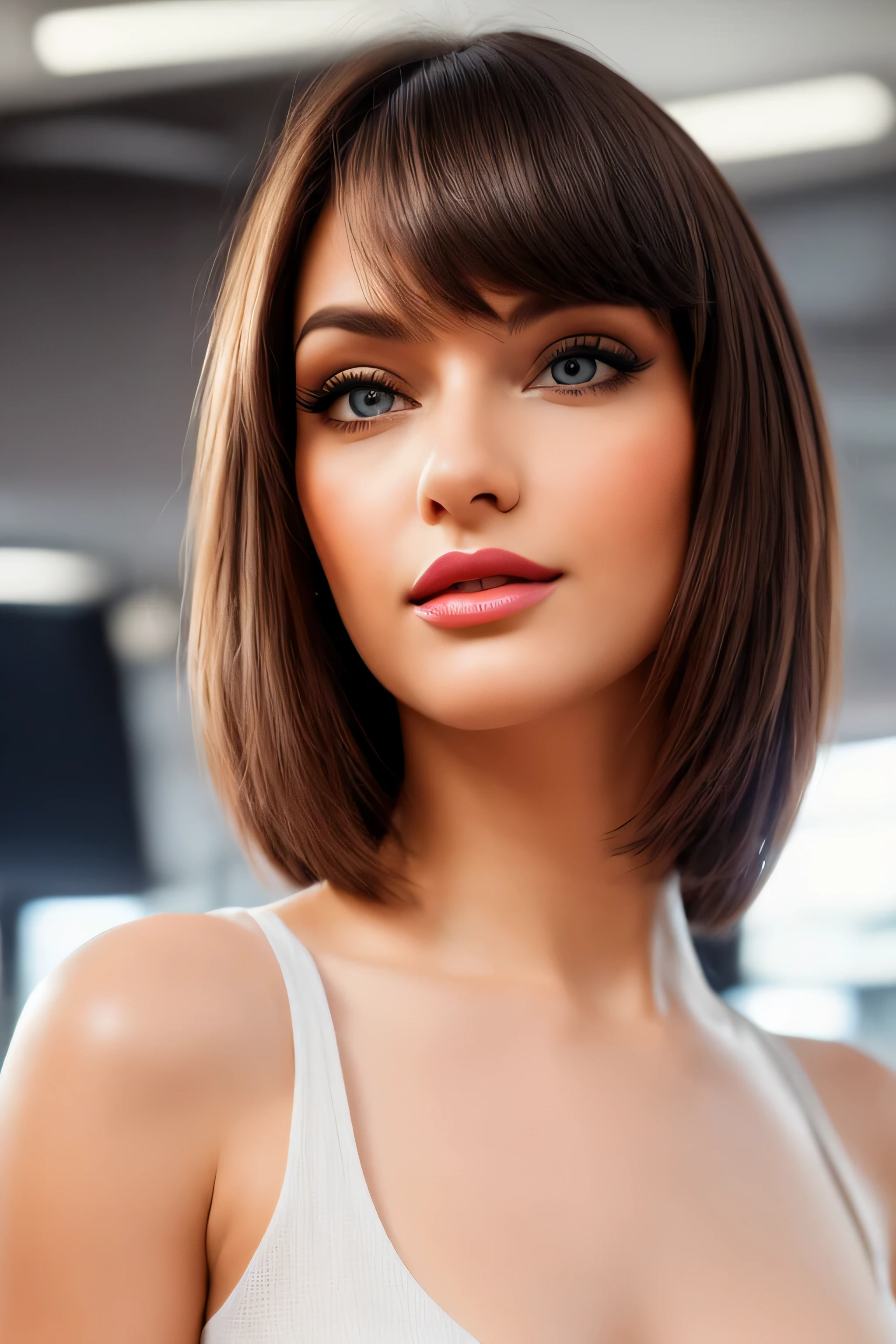 Mejor calidad, Photorealista, ultra detallado, finamente detallado, high resolution, Fondo de pantalla 8k, Foto en color crudo, profesional, alto nivel de detalle, (Modelo anunciando una computadora...). Beautiful 35 year old woman, (pale skin), (obra maestra), (cuerpo completo), (blue eyes), realista, cara feliz, (pintalabios rojo), sonrisa expresiva, ((pelo corto hasta los hombros), (cabello rosado)), ((little mom, sin escote)). vestido blanco para mujer, (Mejor calidad,4k,8K,high resolution,obra maestra:1.2),ultra detallado,(realista,photorealista,photorealista:1. 37),retrato, Traje a medida para damas,profesional setting,confident expression,corte de pelo elegante,Ambiente de oficina,edificio de oficinas moderno,impresionante arquitectura,elegant pose,mujer ejecutiva,Tacones altos,oficina amplia y luminosa,sharp focus,mujeres trabajando juntas,aspecto pulido,paleta de colores neutros,soft natural lighting,Clean and minimalist design,important business meeting, Patrones intrincados en traje, peinado bien arreglado,Escritorio con ordenador y papeleo,aire de autoridad,mujeres exitosas y realizadas,foto premiada, (cara a cara), (Mira a los espectadores), small light, Bajo contraste, facial symmetry, profundidad de campos, cinematic background, central image, suavemente iluminado, (finamente detallado skin), realista skin texture, detalles extremos de la piel, (pores: 0. 1), Small bust with good shape