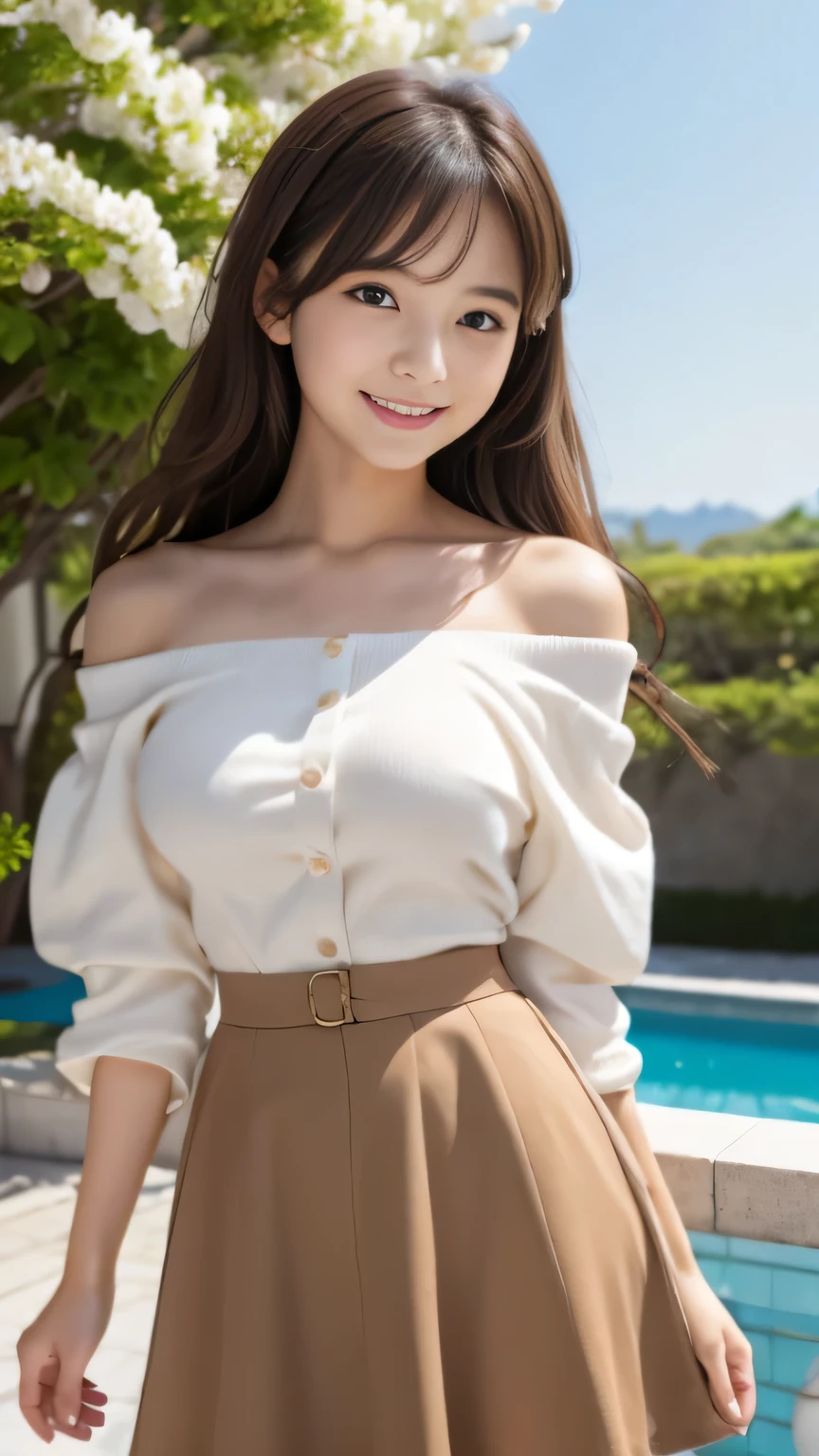  highest quality、confused、((the cutest girl in the world))、Japanese、 girl、Cafe、((spring-like clothes))、(skirt)、(off shoulder jacket)、nice and cute、innocent smile、nice smile、big breasts、(ample breasts:1.3)、ponytail、brown hair、thin waist、detailed beautiful eyes、look forward、Upper body、close up of face、