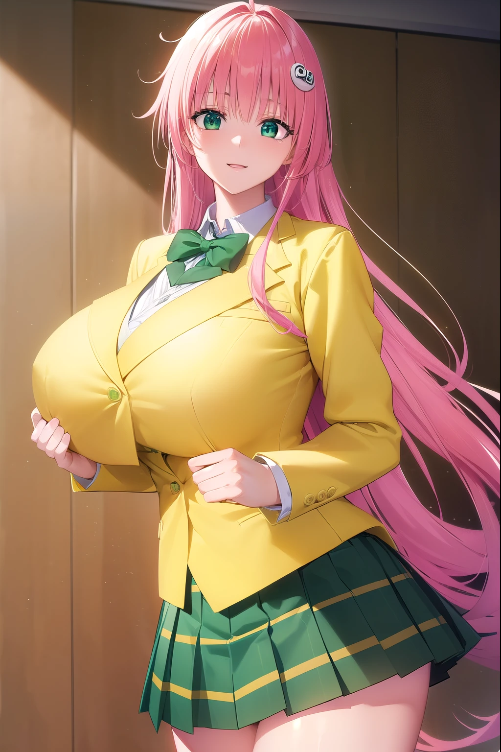 Lara Deviluke, Lara Deviluke, long hair, pink hair, tail, Ahoge, bangs, hair ornaments, (green eyes:1.5), open your mouth,(gigantic chest:1.2)、excited smile,lure,
break , white shirt, (yellow blazer:1.5), blazer, ribbon, green ribbon, pleats, pleats skirt, skirt, (green skirt:1.5),
break indoors, classroom,
break looking at viewer, (cowboy shot:1.5),
break (masterpiece:1.2), highest quality, High resolution, unity 8k wallpaper, (figure:0.8), (beautiful detailed eyes:1.6), extremely detailed face, perfect lighting, extremely detailed CG, (perfect hands, perfect anatomy),