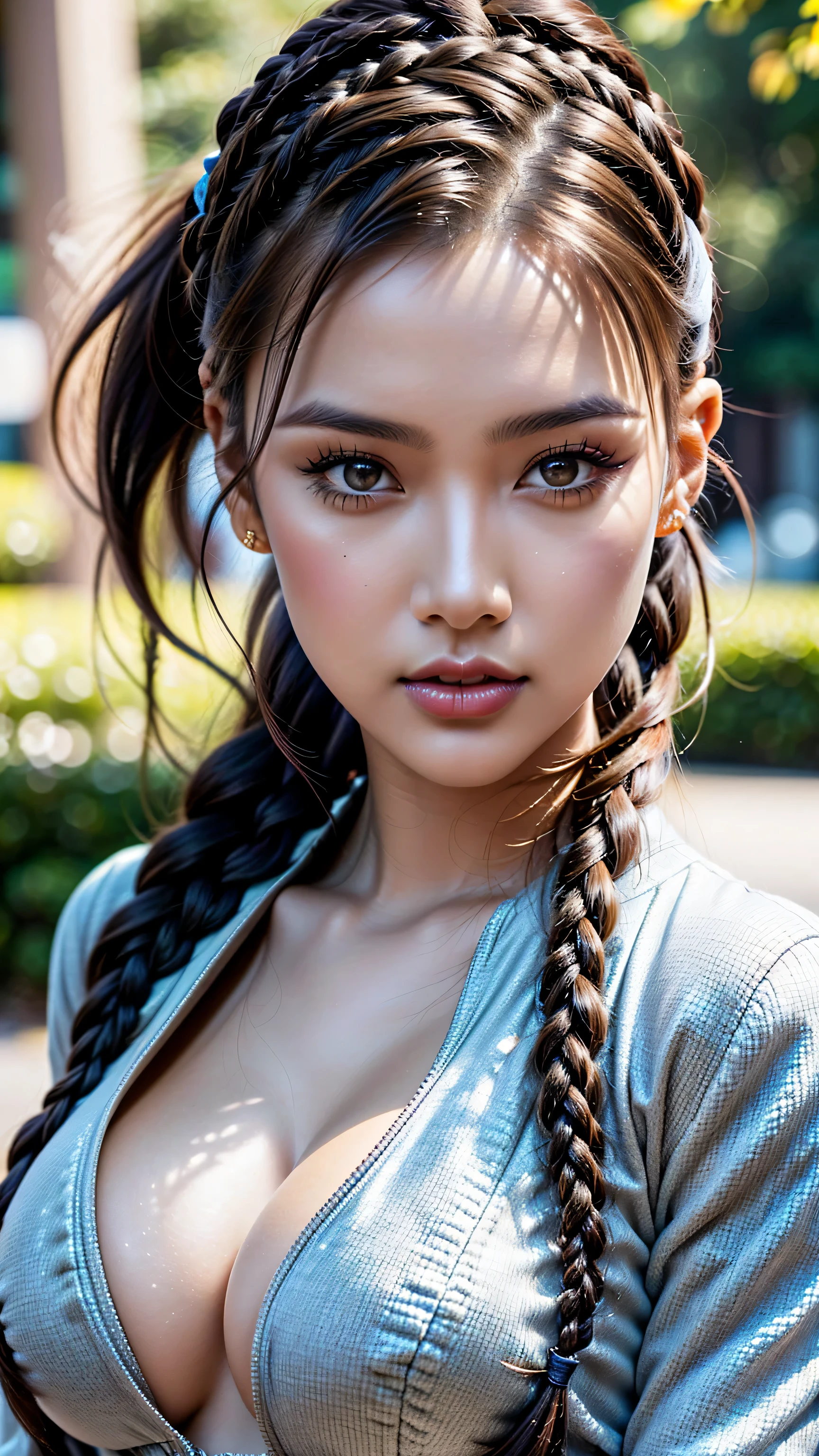 Divide Ratio : 1,1,1 Base Ratio: Ultra-realistic movie master pie with ultra-detailed primetime portraits, (最high quality, 8K, table top, Ultra HD), 1girl:1.4 25 years old、masterpiece,最high quality,high quality,High resolution,perfect dynamic composition:1.2,beauty (mixed girl)(madison ivy:0.2)(jessica alba:0.55) in of a (1girl:1.3 22-year-old),fashion supermodel,(best high quality real texture skin),(ebony skin female),(Highly quality texture hair),((curly hair(braided ponytail) Intricately detailed:1.4)),(((outdoors in the park,evening,falling dusk))),(perfect proportions),(anatomically correct),(perfect female body),((firm normal full breasts:1.4)),slim face,beautiful cheekbones,((slim,swell-muscled body)),(Super beautiful face),(realistic face),(highly detailed face),absurd,(Intricately detailed eyes),finely detailed face,finely quality eyes,(tired and sleepy and satisfied:0.0),a woman's eye with a digital rendering,realistic eyes,perfect round eyes,finely detailed pupils,BREAK((brown_eyes)),detailed lips,red_lipstick),pink_makeup,(Detailed nose),((Intricately Detailed outfit(#%^@ printed on a short jacket,sport top)) wear:1.2)),((dark shot:1.2))(Intricately Detailed V-neck sports top),dynamic pose,exquisite balance of shadows,((shot above the knee)),look at the viewer