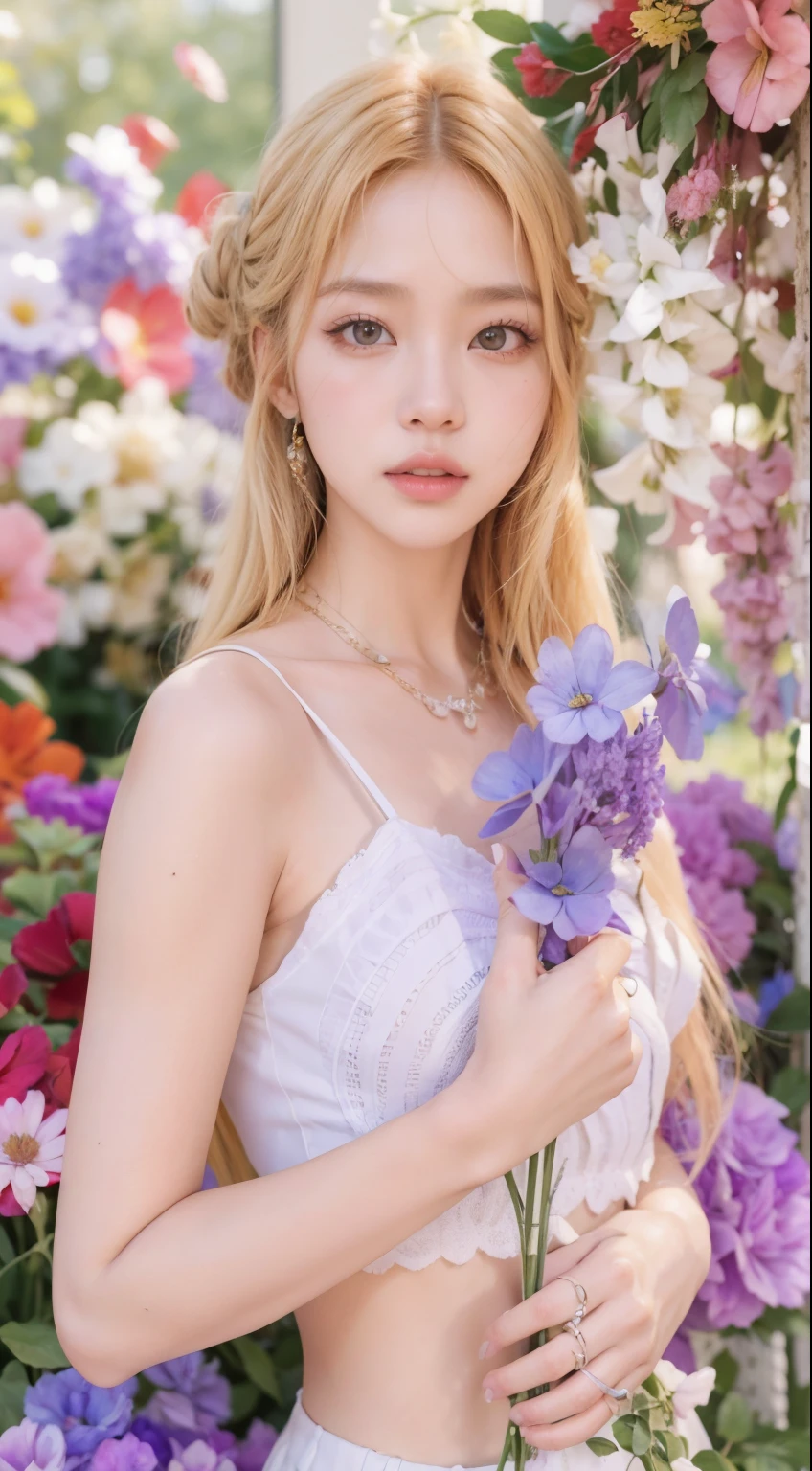 una mujer con un top blanco sosteniendo una flor morada, Lalisa Manobal, retrato de jossi de blackpink, con flores, parque roseanne de blackpink, Lalisa Manoban de Blackpink, Seseon Yoon, kim doyoung, kim taejin, foto de revista, obra de arte oficial, jinyoung shin, heonhwa choe, con flores congeladas a su alrededor