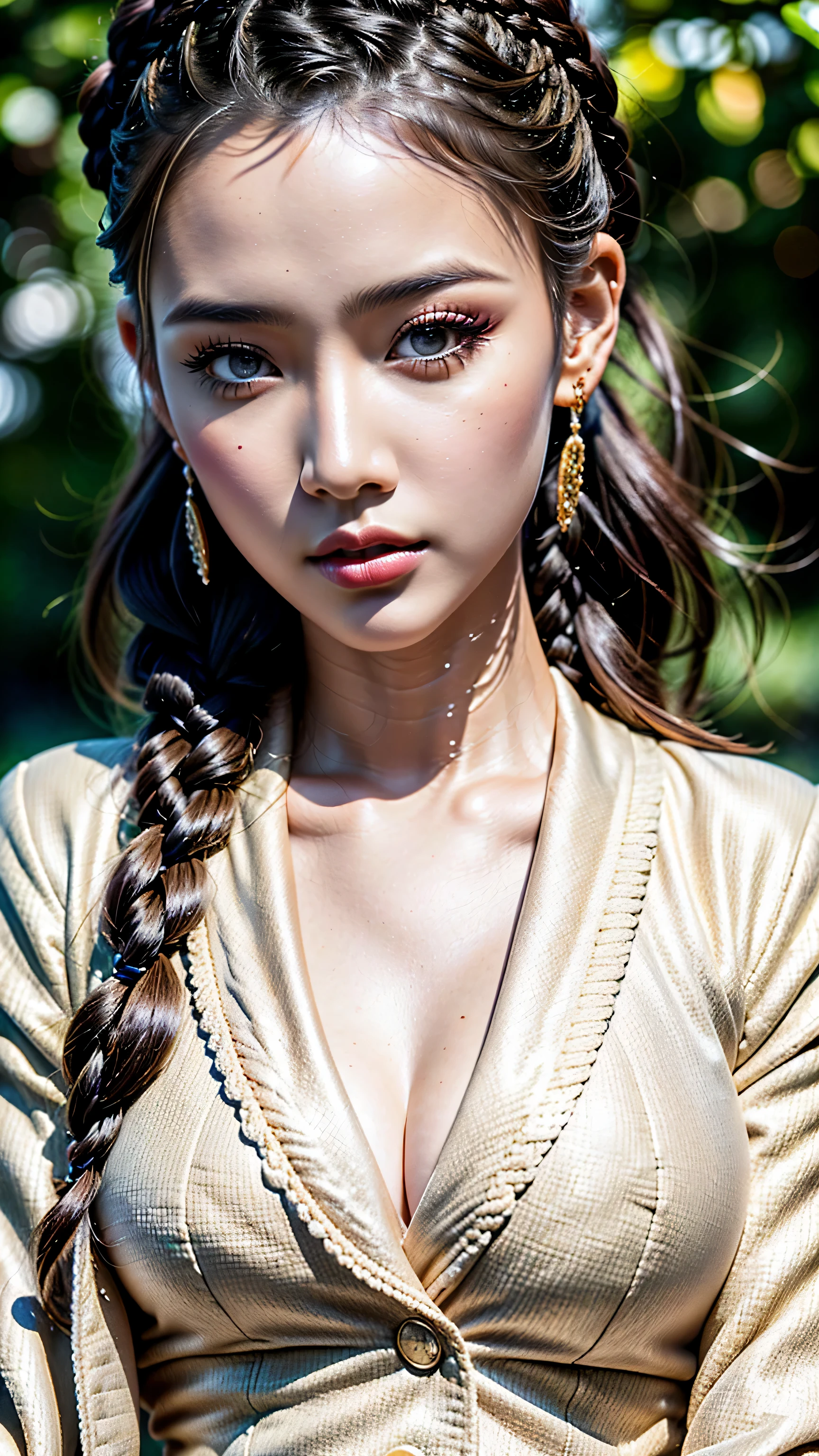 Divide Ratio : 1,1,1 Base Ratio: Ultra-realistic movie master pie with ultra-detailed primetime portraits, (最high quality, 8K, table top, Ultra HD), 1girl:1.4 25 years old、masterpiece,最high quality,high quality,High resolution,perfect dynamic composition:1.2,beauty (mixed girl)(madison ivy:0.2)(jessica alba:0.55) in of a (1girl:1.3 22-year-old),fashion supermodel,(best high quality real texture skin),(ebony skin female),(Highly quality texture hair),((curly hair(braided ponytail) Intricately detailed:1.4)),(((outdoors in the park,evening,falling dusk))),(perfect proportions),(anatomically correct),(perfect female body),((firm normal full breasts:1.4)),slim face,beautiful cheekbones,((slim,swell-muscled body)),(Super beautiful face),(realistic face),(highly detailed face),absurd,(Intricately detailed eyes),finely detailed face,finely quality eyes,(tired and sleepy and satisfied:0.0),a woman's eye with a digital rendering,realistic eyes,perfect round eyes,finely detailed pupils,BREAK((brown_eyes)),detailed lips,red_lipstick),pink_makeup,(Detailed nose),((Intricately Detailed outfit(#%^@ printed on a short jacket,sport top)) wear:1.2)),((dark shot:1.2))(Intricately Detailed V-neck sports top),dynamic pose,exquisite balance of shadows,((shot above the knee)),look at the viewer