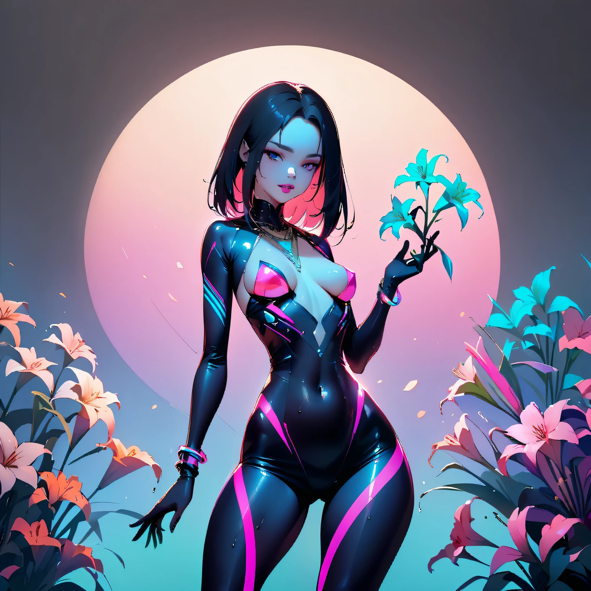 ((Create MAXZenArt!))_((One, 1 girl, tattoos, glowing tattoos, brilliant, white-fluffy 16+), (skull among flowers, weapon), (sexual topless), (black transparent dress-clothing) ) , (sexual, erotic))_((Delicate scarlet lips), (straight black hair - long, basic moments, blue, cascade), (multi-colored brilliant hair), (cool shine, Wet straight hair))_((stylization; clear line, clear outline, high quality line drawing, shading))_((simple color palettes), (color fill, richness of colors, saturation, harmony, balance), (rich pastel colors, Pure colors), (cyberpunk))_(( sexual, erotic), (simple, Minimum accessories), (Necklaces and thin rings made of silver or gold.), (simple bracelets, unusual designs, simple silhouettes), (erotic style))_((background), (abstract minimalism), (stunning cybernetic flowers), (lilies, extremely unusual, long stems - large stems, skull, Among the flowers)).