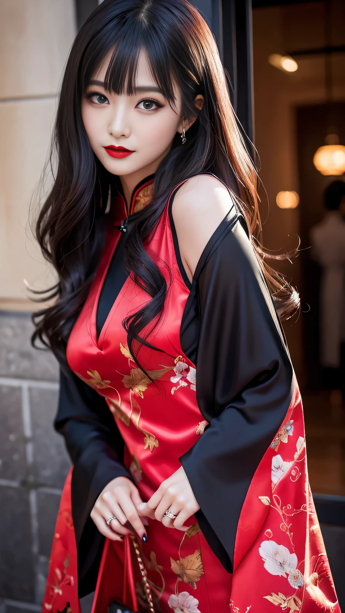 detailed、Japanese、charming beauty、seductive adult woman、Beautiful woman、sharp eyes、cool girl、wavy hair、flowing bangs、long black cheongsam、wide sleeve、evilの幹部、evil depravity、brainwashing、Mind control、lipstick、lip gloss、grin、evilな表情、evil、empty eyes、evil、night walk、vampire、Succubus、vampire、makeup brush