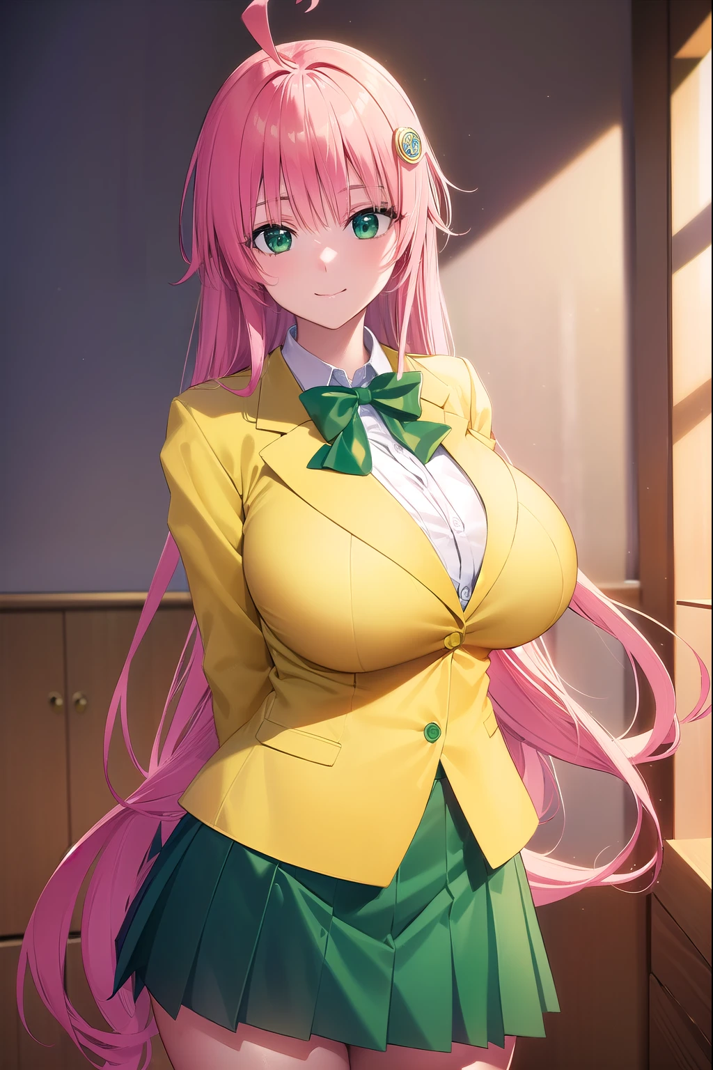 Lara Deviluke, Lara Deviluke, long hair, pink hair, tail, Ahoge, bangs, hair ornaments, (green eyes:1.5), open your mouth,(gigantic chest:1.2)、excited smile,lure,
break , white shirt, (yellow blazer:1.5), blazer, ribbon, green ribbon, pleats, pleats skirt, skirt, (green skirt:1.5),
break indoors, classroom,
break looking at viewer, (cowboy shot:1.5),
break (masterpiece:1.2), highest quality, High resolution, unity 8k wallpaper, (figure:0.8), (beautiful detailed eyes:1.6), extremely detailed face, perfect lighting, extremely detailed CG, (perfect hands, perfect anatomy),