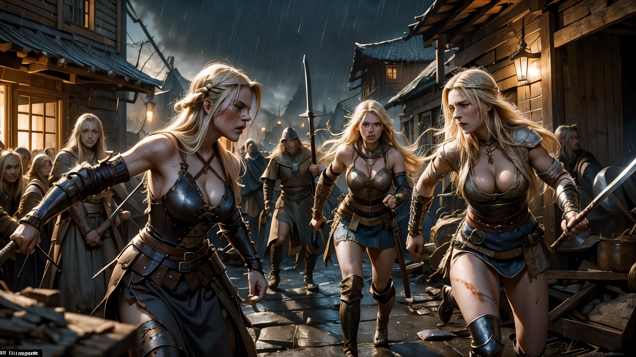 beautiful but savage blonde female viking medieval warriors running through a ransacked and burning village,raining,stern expressions,grimy and scarred skin,wounded,torn and ripped clothing,cleavage,holding swords