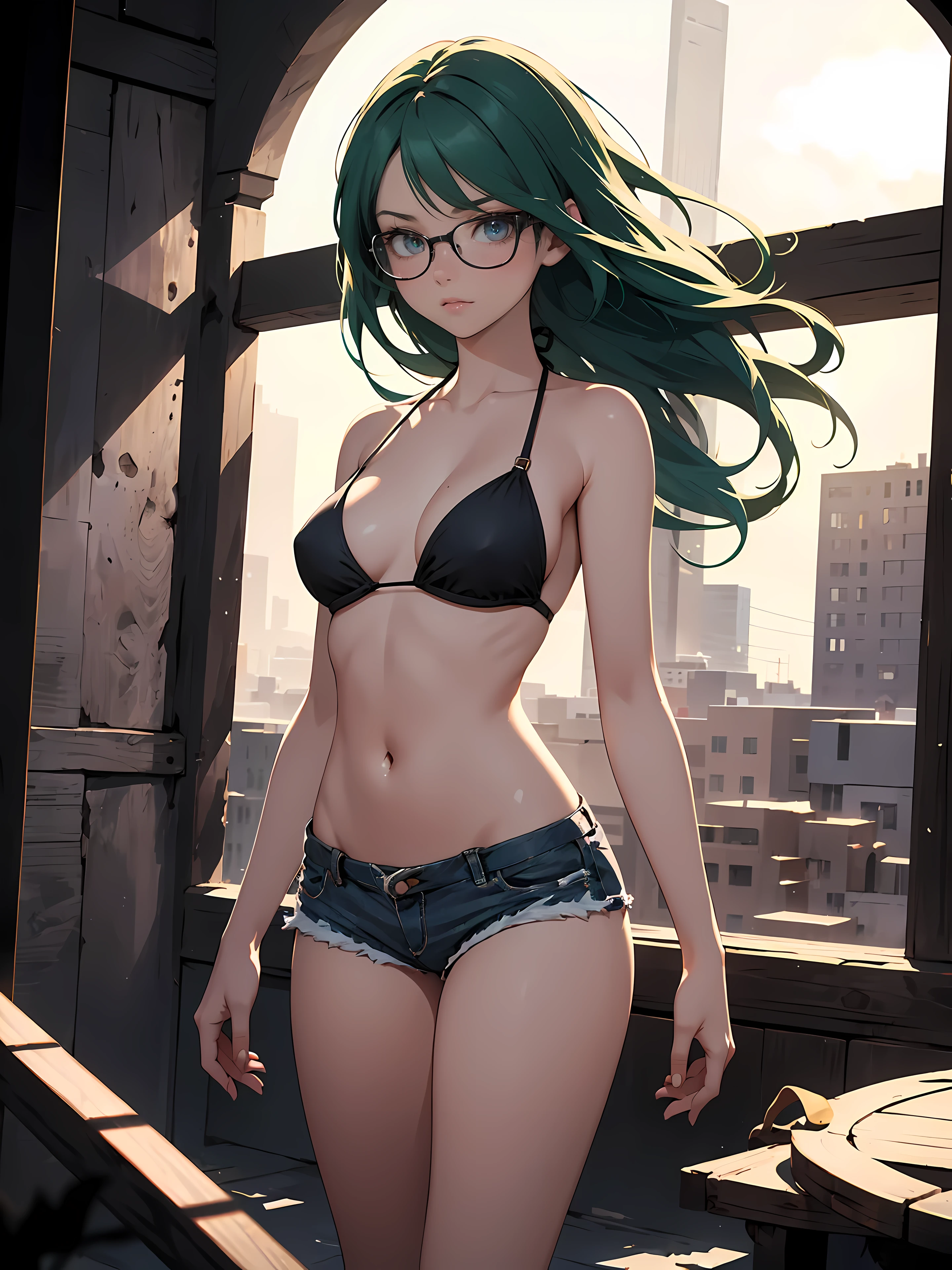 ((1girl)), one beautiful girl, detailed beautiful hair, detailed beautiful eyes, long green hair, glasses, black bikini top, jean shorts, standing, dramatic pose, cowboy shot, cinematic lighting, dramatic lighting,