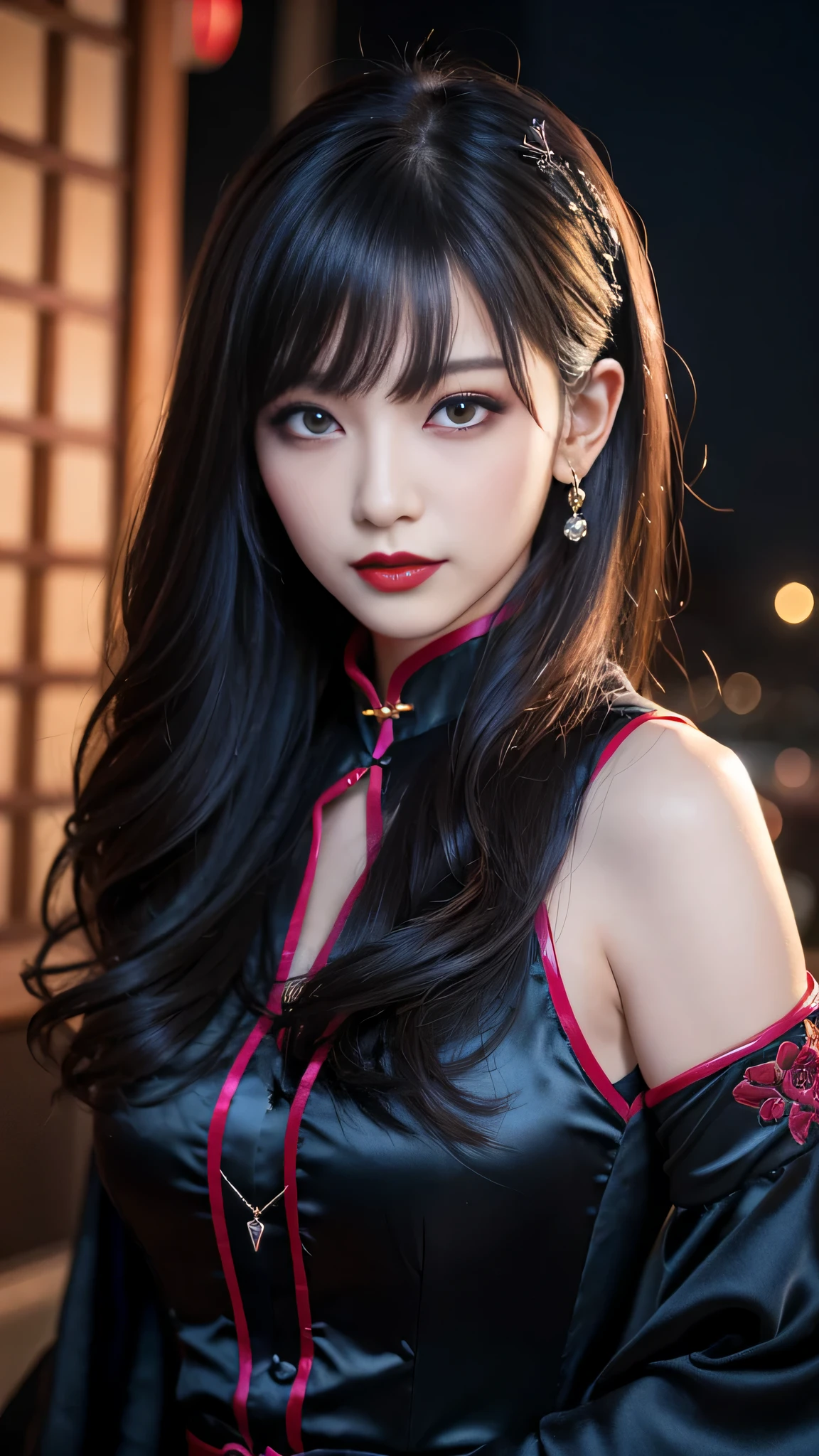 detailed、Japanese、charming beauty、seductive adult woman、Beautiful woman、sharp eyes、cool girl、wavy hair、flowing bangs、long black cheongsam、wide sleeve、evilの幹部、evil depravity、brainwashing、Mind control、lipstick、lip gloss、grin、evilな表情、evil、empty eyes、evil、night walk、vampire、Succubus、vampire、makeup brush