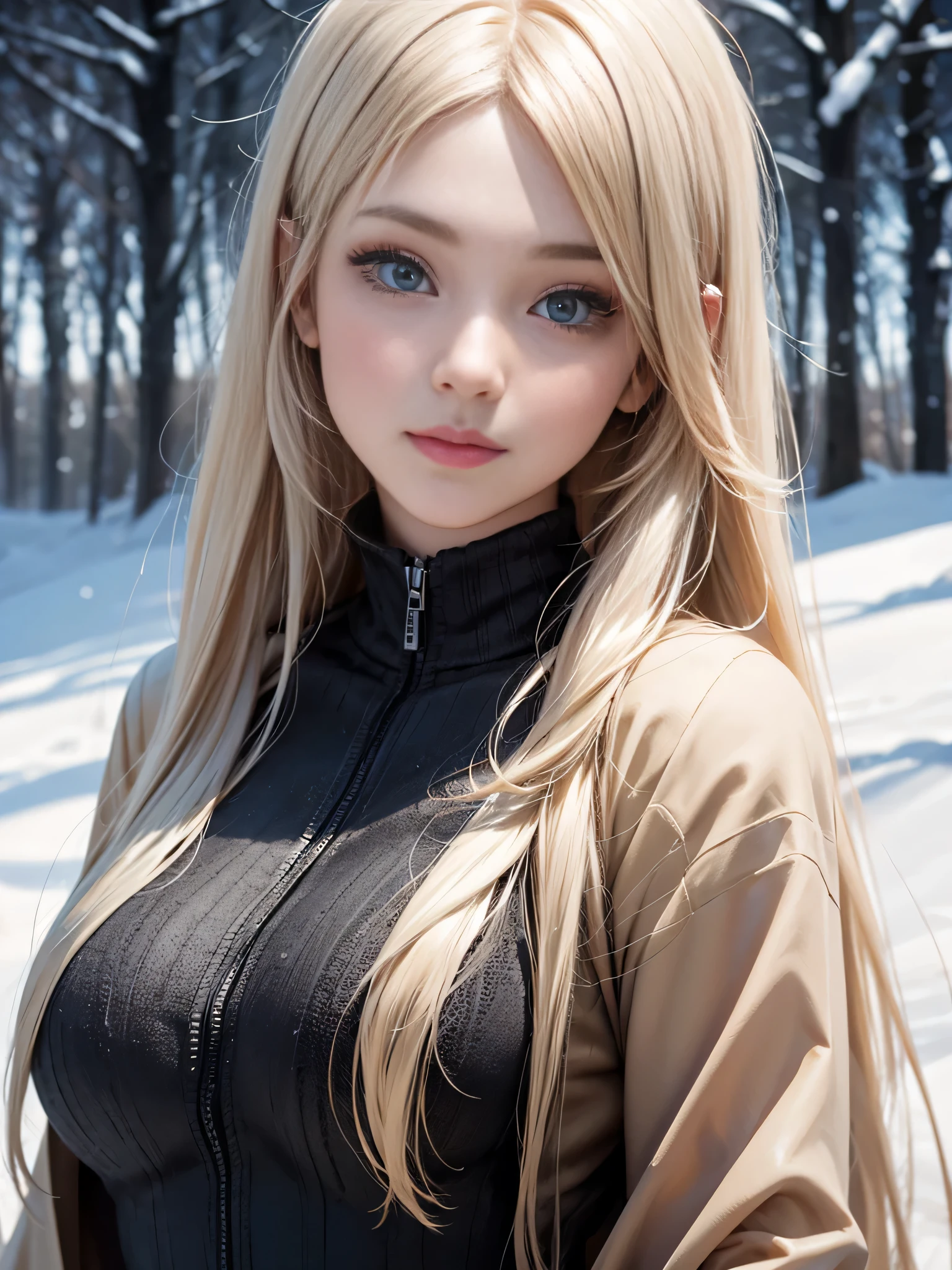 (highest quality, 8K, High resolution, realistic:2.0), (((alone, one girl:2.0))),(lit: front),(lit: strong),(ultimate beautiful girl:2.0),(shiny skin),(oily skin),(platinum blonde hair:1.3),(straight long hair:2.0),blush brown makeup , dark eye makeup , use pink glossy lipstick,(girl with big beady eyes:1.5),((round face, smile, big breasts,big ass))、flushed complexion、((upper body portrait)) 、((snowy winter outdoors))、（anatomically correct）、（perfect body proportions)、 ((perfect hands))、 (((perfect fingers)))、(oily skin:1.5)、