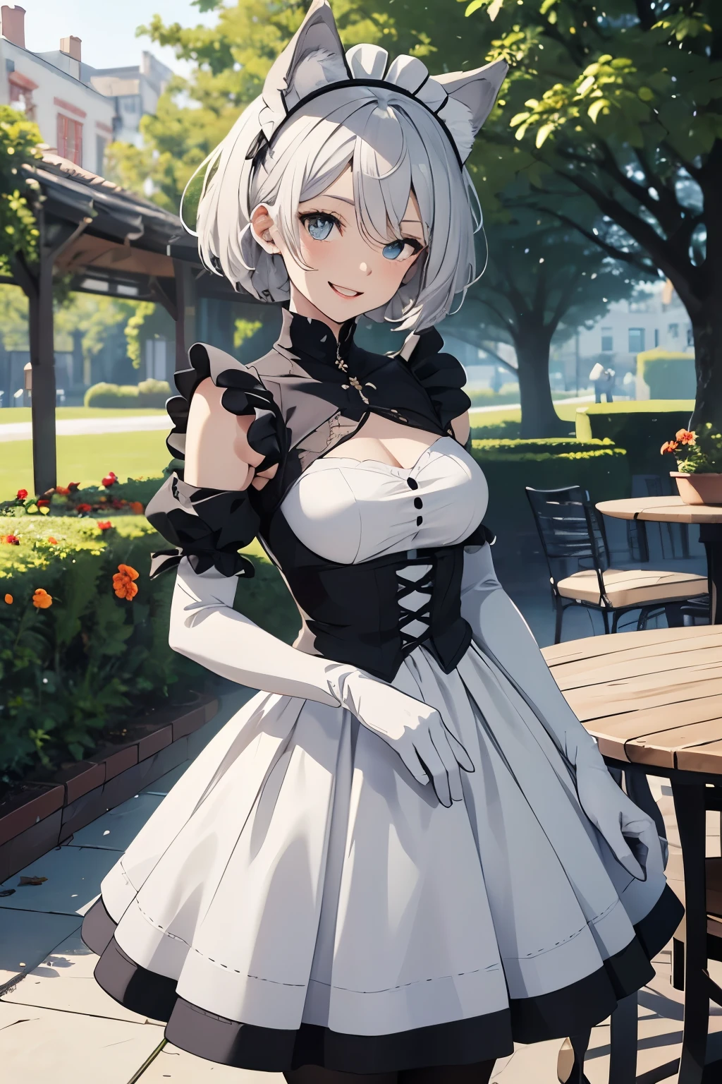 table top High level image quality best image quality 8K adult woman portrait white long gloves(elbow gloves) white pantyhose Maid clothes(sleeveless)black mini skirt white wolf ears short hair((shortcut)(gray hair)(perm)(fluffy)) eye color is blue attractive face((laughter)(smile)(open your mouth)) garden