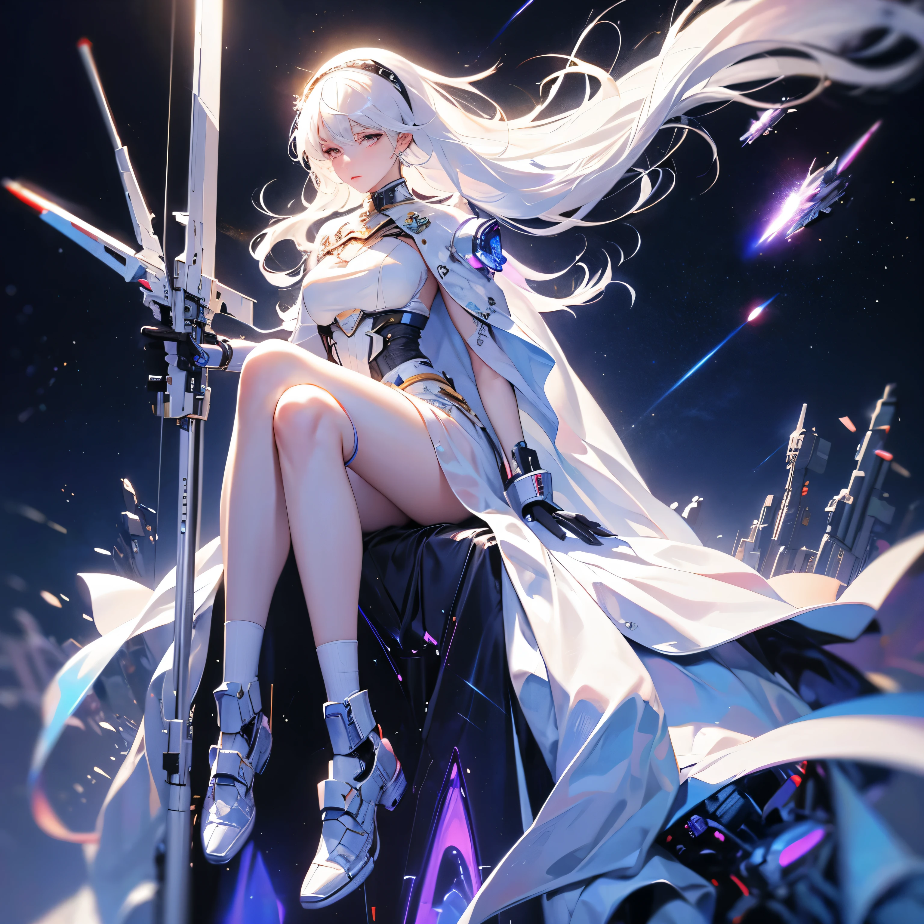 Masterpiece, best quality, 4k, mecha, starry sky, sky, stars(sky), cape, headband, slender legs, long hair, white hair, cyberpunk, depth of field, blurred background,