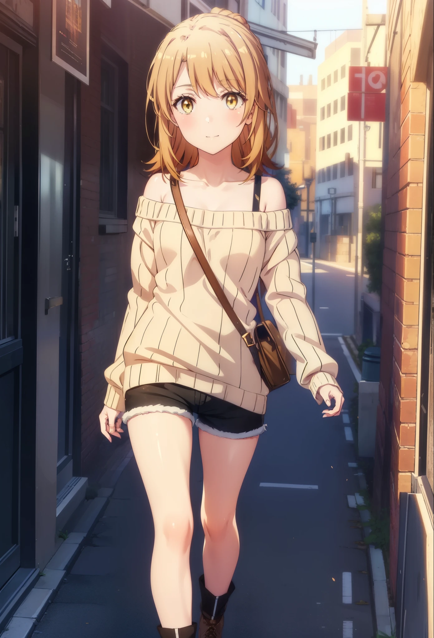 irohaisshiki, iroha isshiki, long hair, brown hair, (brown eyes:1.5), smile,blush,short braided hair,ponytail,off shoulder sweater,bare shoulders,????? neck,bare clavicle, oversized sweater, oversized sweater,  shorts,black pantyhose,short boots,morning日,morning,the sun is rising,walking,,
break outdoors, building street,In town,
break looking at viewer,
break (masterpiece:1.2), highest quality, High resolution, unity 8k wallpaper, (figure:0.8), (detailed and beautiful eyes:1.6), highly detailed face, perfect lighting, Very detailed CG, (perfect hands, perfect ???????),