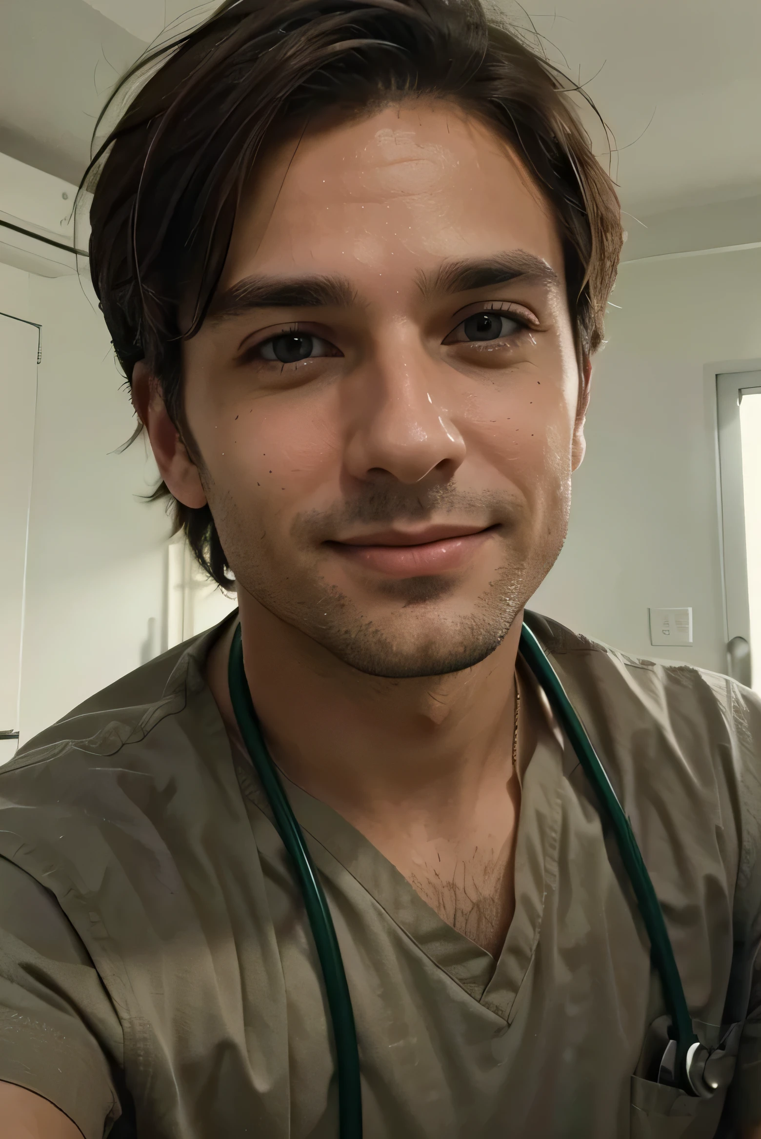 a doctor with short brown hair, olhos verdes, Sorriso gentil, imagem frontal como uma selfie. mais contraste, obra de arte