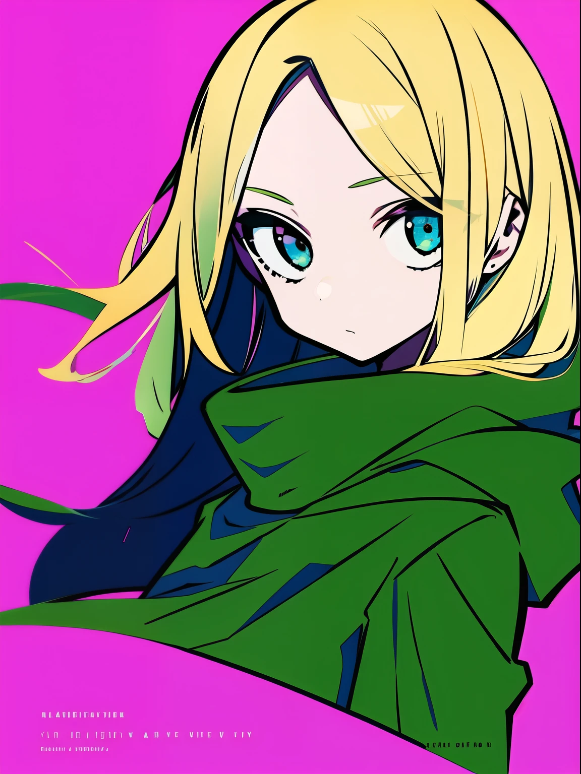 masterpiece, good quality, typography, 1 girl, Upper body, green raincoat, flat color, (pop art, cyber-:0.5), simple background, (crooked, deformed:0.4)、blonde、Forehead、