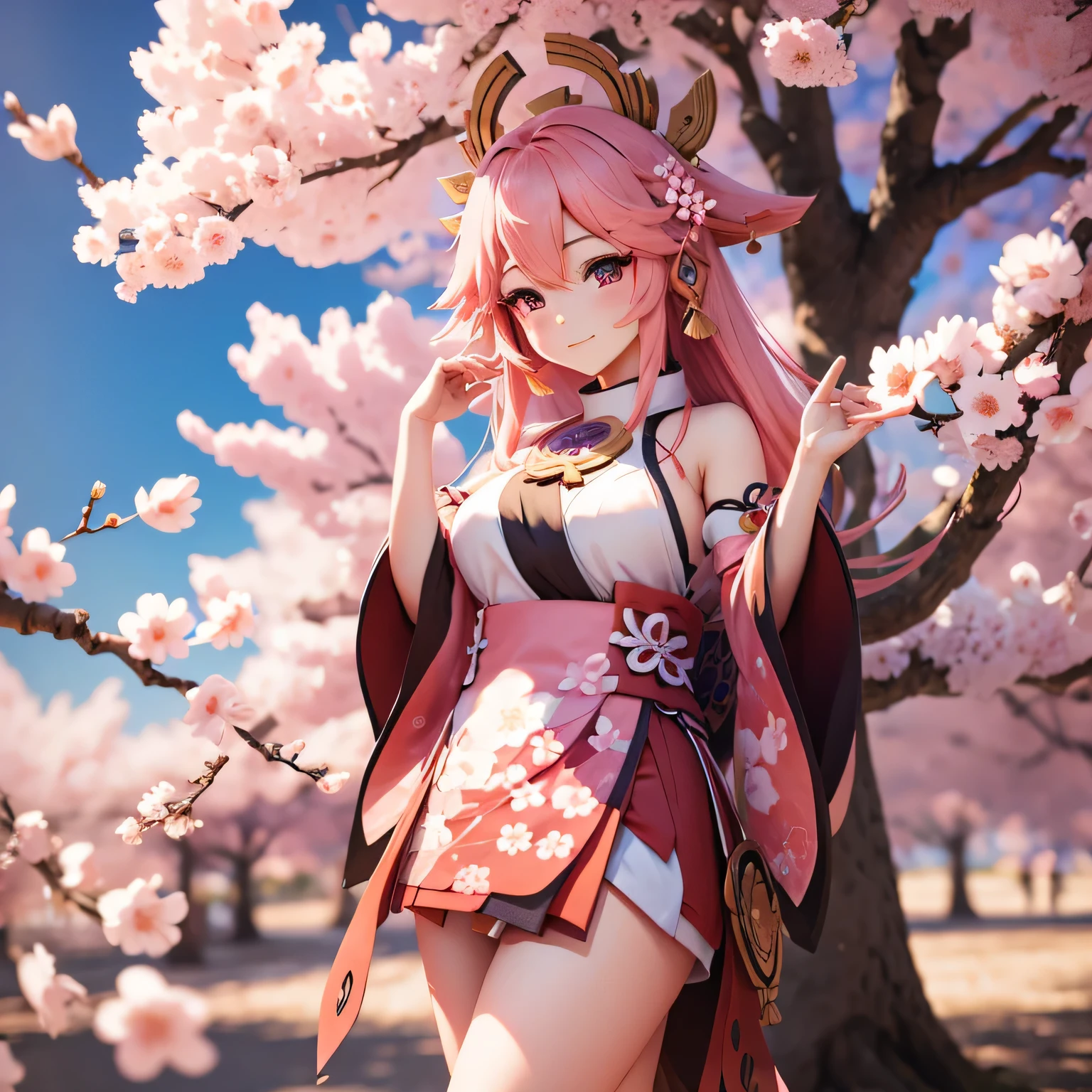 Yaya Miko Genshin spring clothes against the background of a sakura tree spring flowering trees detailed drawn art anime 3D
