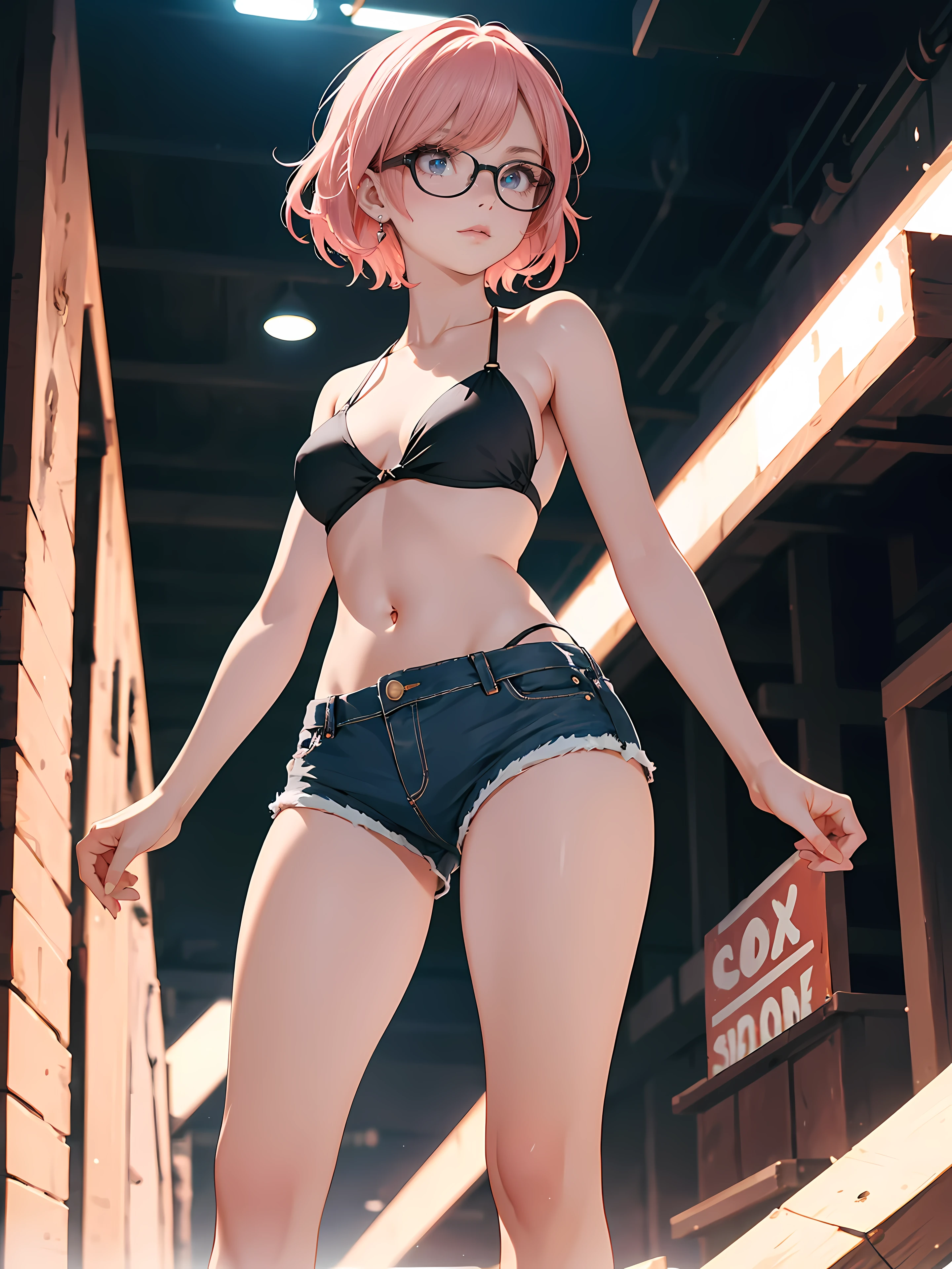 ((1girl)), one beautiful girl, detailed beautiful hair, detailed beautiful eyes, short pink hair, glasses, black bikini top, jean shorts, standing, dramatic pose, cowboy shot, cinematic lighting, dramatic lighting,