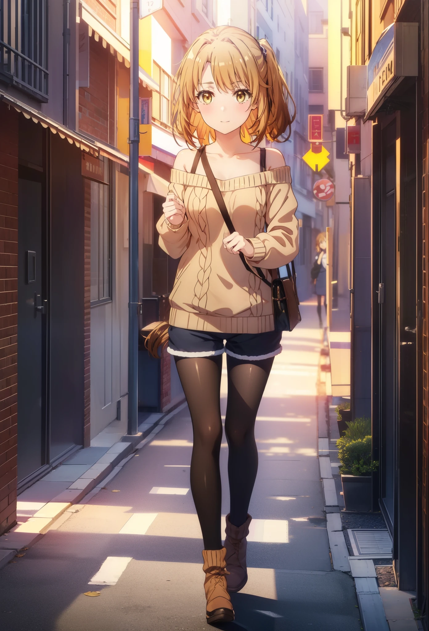 irohaisshiki, iroha isshiki, long hair, brown hair, (brown eyes:1.5), smile,blush,short braided hair,ponytail,off shoulder sweater,bare shoulders,naked neck,bare clavicle, oversized sweater, oversized sweater,  shorts,black pantyhose,short boots,morning日,morning,the sun is rising,walking,,
break outdoors, building street,In town,
break looking at viewer,
break (masterpiece:1.2), highest quality, High resolution, unity 8k wallpaper, (figure:0.8), (detailed and beautiful eyes:1.6), highly detailed face, perfect lighting, Very detailed CG, (perfect hands, perfect anatomy),