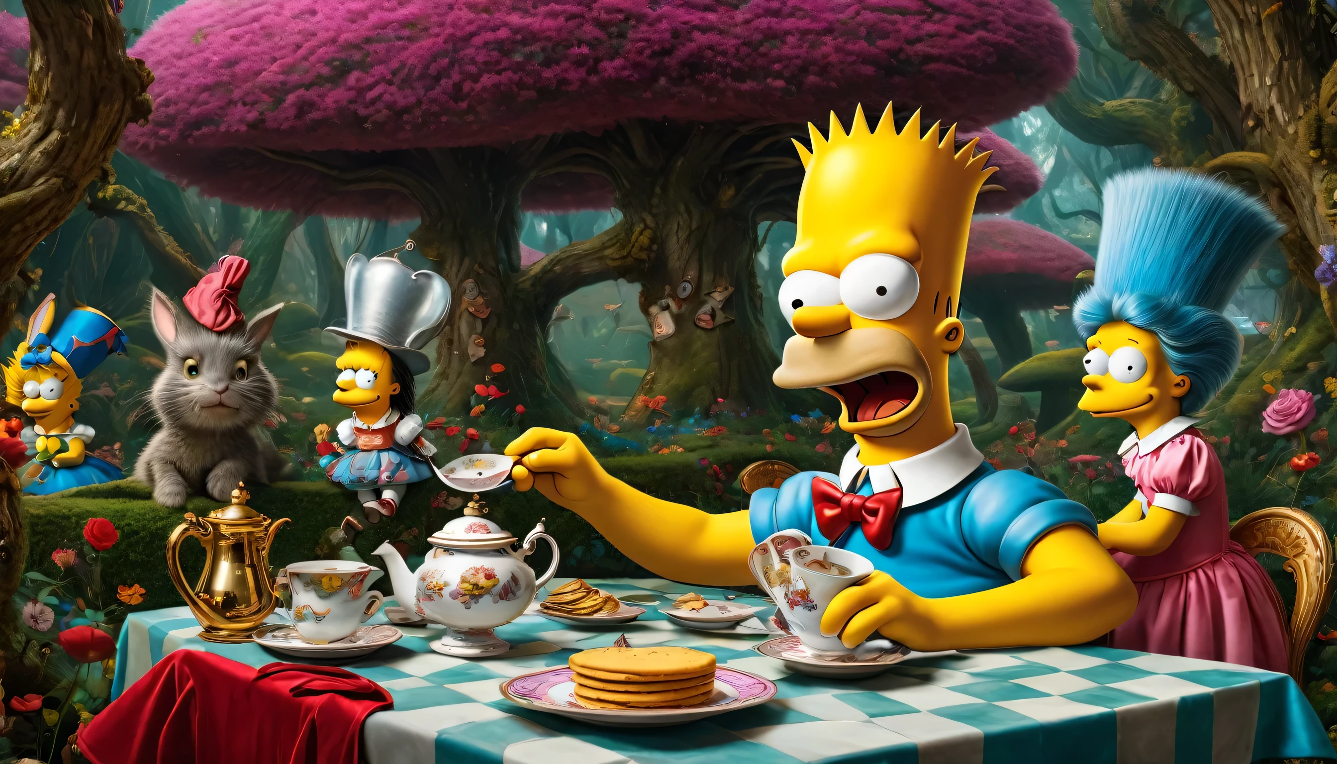 Bart Simpson, in Alice in Wonderland,intrinsic details, obra de arte, hiper-realista , High definition , 8k