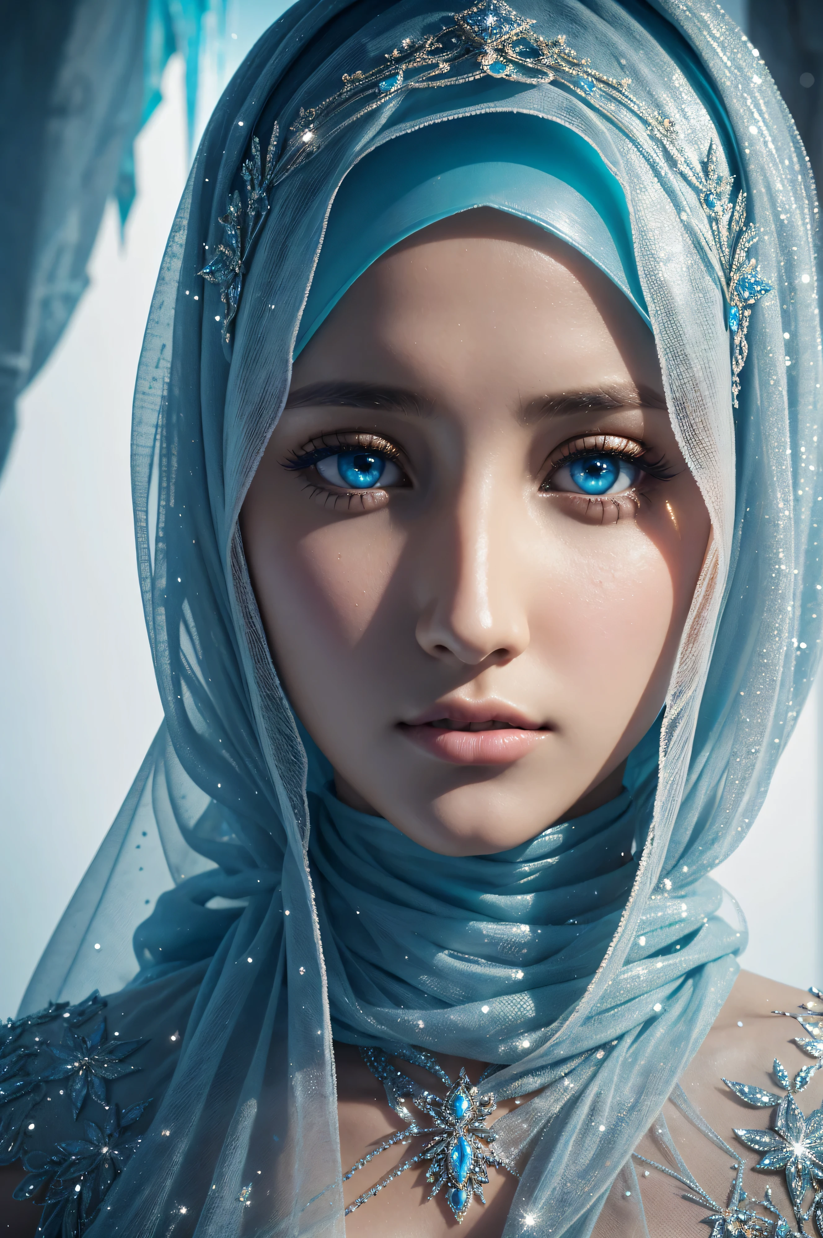 Ashley Tisdale, wearing hijab costume transparent. professionally retouched, soft lighting, realistic, smooth face, perfect eyes, sharp focus on eyes, 8 k, high definition, insanely detailed, intricate, elegant. be in front of the ice castle.