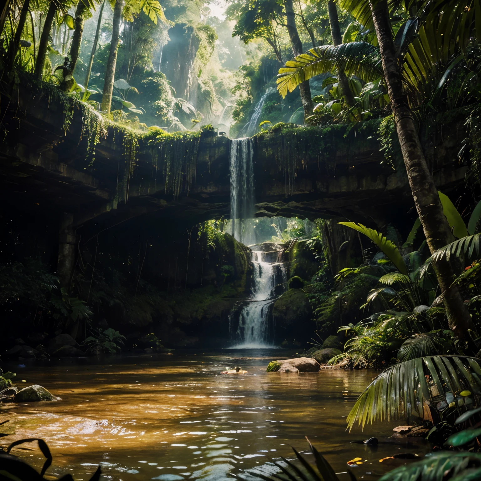 A massive anaconda with gleaming yellow eyes is stealthily stalking its prey in the foreground, its powerful body partially submerged in the clear waters of a stream. The background is a breathtakingly detailed depiction of the Amazon rainforest, featuring lush vegetation and a majestic waterfall cascading down a rocky cliff. The scene is captured in a cinematic shoot style, with ultrarealistic details and textures. The morning light filters through the dense canopy, casting a soft, golden glow over the entire scene, highlighting the intricate details of the rainforest and the water's surface. The image is stylized to enhance its dramatic and immersive quality, with a focus on the vibrant colors and textures of the rainforest environment