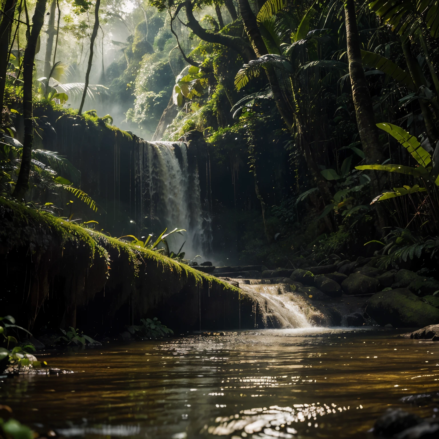 A massive anaconda with gleaming yellow eyes is stealthily stalking its prey in the foreground, its powerful body partially submerged in the clear waters of a stream. The background is a breathtakingly detailed depiction of the Amazon rainforest, featuring lush vegetation and a majestic waterfall cascading down a rocky cliff. The scene is captured in a cinematic shoot style, with ultrarealistic details and textures. The morning light filters through the dense canopy, casting a soft, golden glow over the entire scene, highlighting the intricate details of the rainforest and the water's surface. The image is stylized to enhance its dramatic and immersive quality, with a focus on the vibrant colors and textures of the rainforest environment