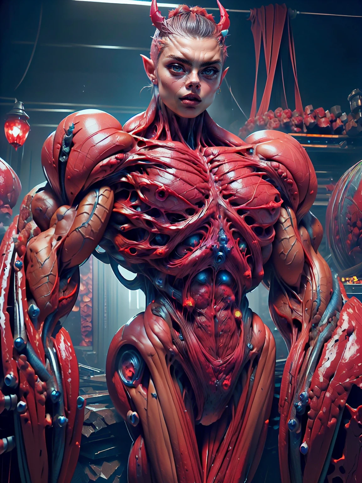 (1 girl), (cara delevingne:1.25), (carnage skinless physique:1.25), (1 super muscular undead skinless succubus with gigantic horns:1.25), (covered in red necrotic rotting skinless muscle:1.25), (exposed muscles & veins everywhere:1.25), (perfect fingers:1.25),(8k, RAW photo, photorealistic:1.25), dark horrific scary atmosphere, hellish landscape, Hellraiser like atmosphere,