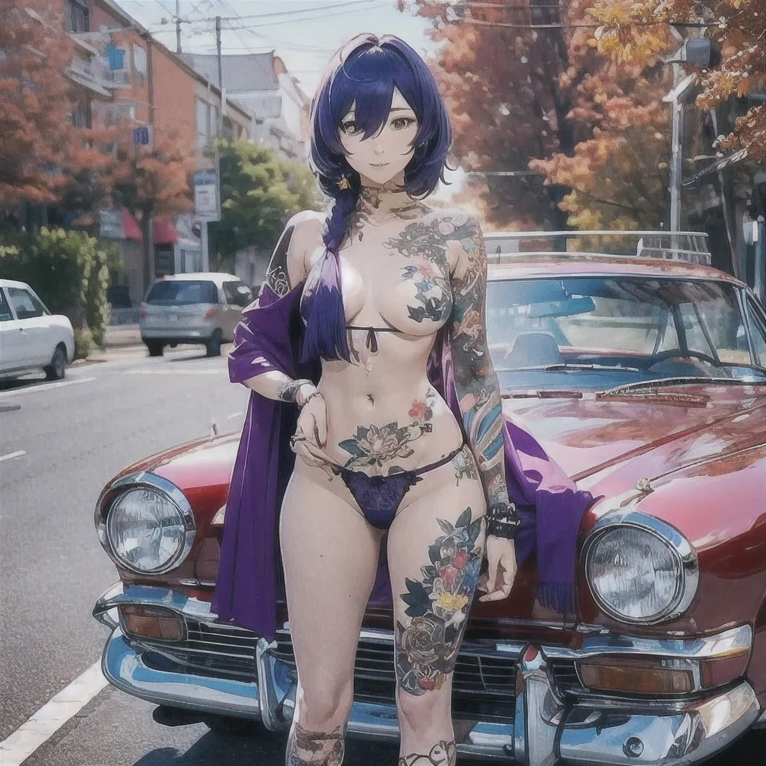 2 anime girls, topless, wearing blue panties, tattoos their chest, tattoos on their arms, standing next to a purple lowrider car, by the lake, 8k, full frame