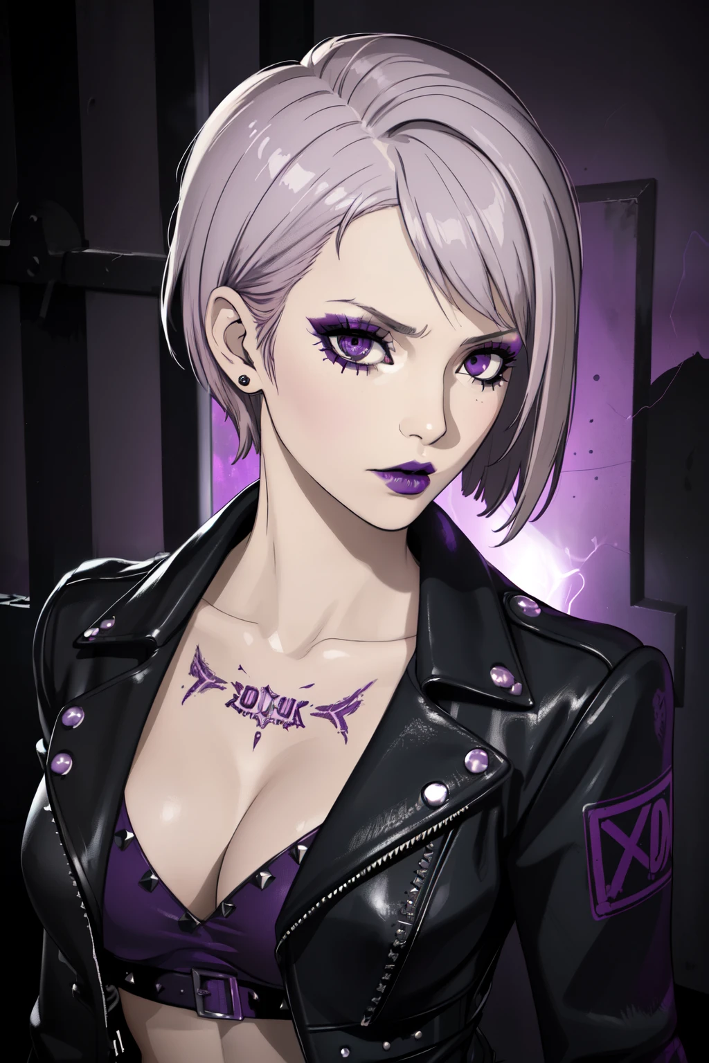 (best quality,4k,8k,highres,masterpiece:1.2),ultra-detailed,(realistic,photorealistic,photo-realistic:1.37),professional,vivid colors,bokeh,portrait,alone,woman,blonde,short hair,adult,punk,rock,purple eyes,medium:oil painting texture,edgy style,beautiful detailed eyes,beautiful detailed lips,attitude,punk fashion,purple highlights,edgy makeup,tattoos,studded leather jacket,dark lipstick,rocker pose,confident expression,moody lighting,hair accessories,silver jewelry,bold personality,glowing purple lights,gritty atmosphere,smoky eye makeup,grunge vibe,captivating gaze,graffiti backdrop,artistic rebellion, warm color palette, soft lighting,