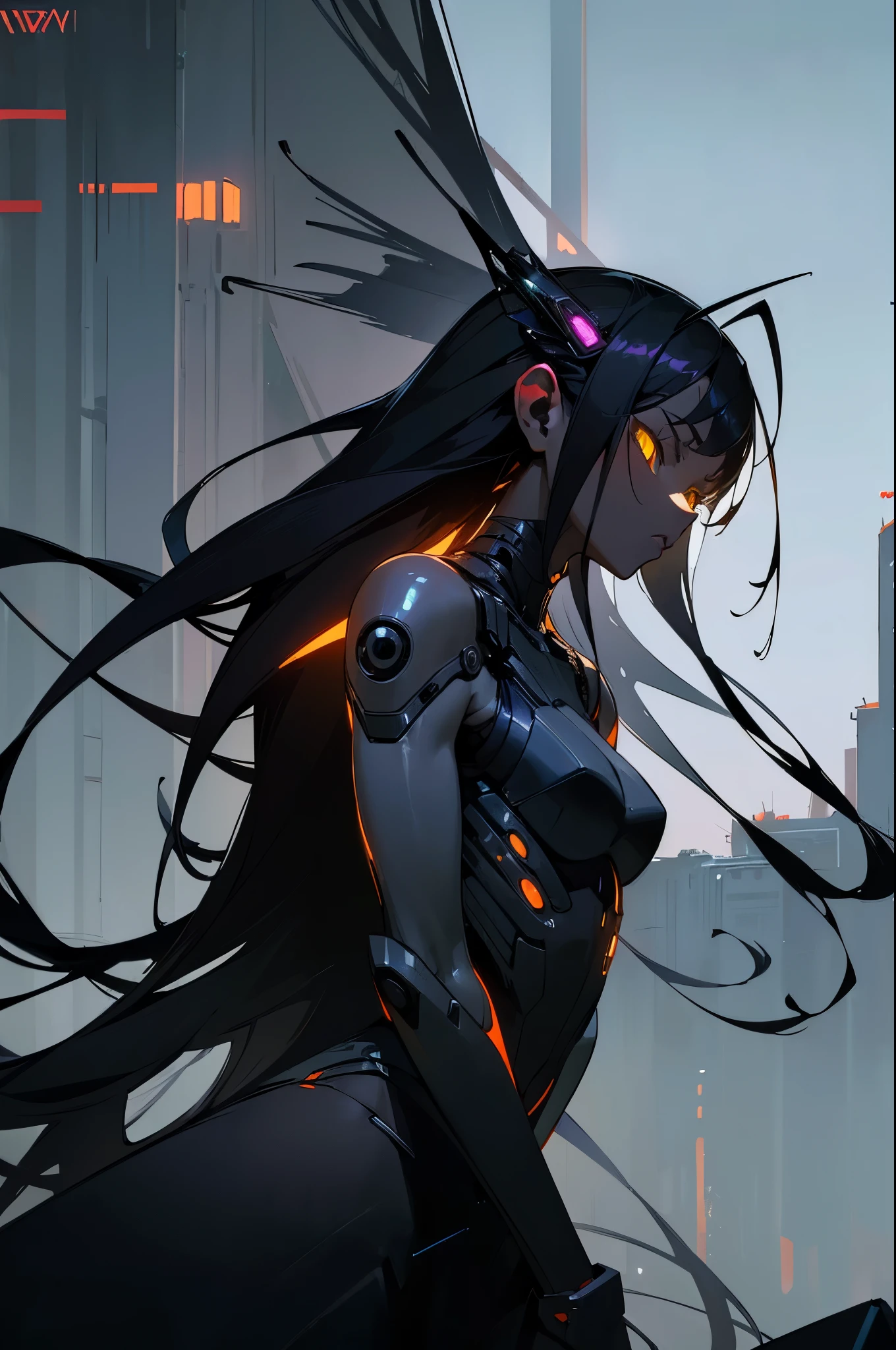 ((dark cyberpunk art)), full length portrait, Little insect girl, elegant insect girl, yellow eyes, Insect antennae, very long hair, Black hair, Black skin, dark Black skin, black alien skin, Rooftop Scene, cold light, very detailed art, very detailed background, insanely detailed backstory