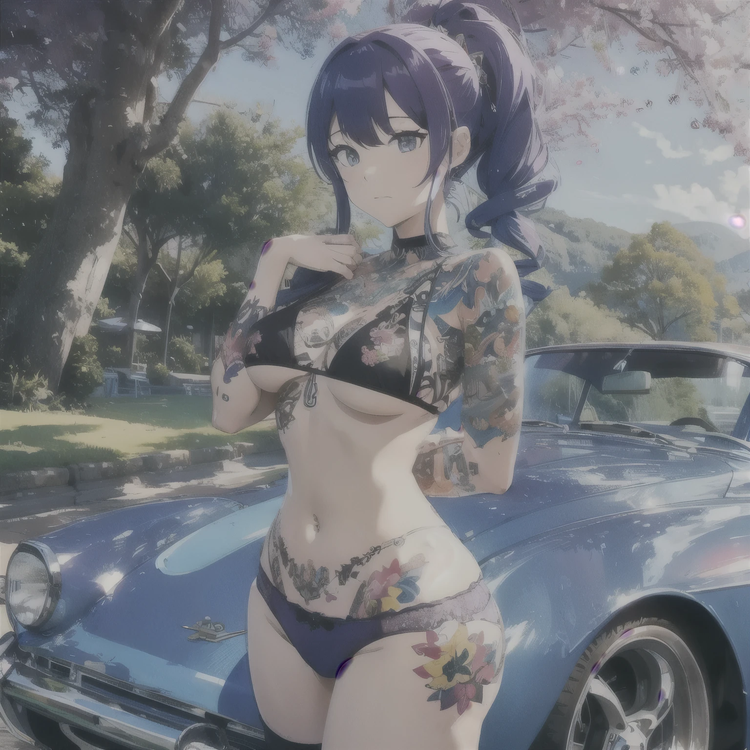 2 anime girls, topless, wearing blue panties, tattoos their chest, tattoos on their arms, standing next to a purple lowrider car, by the lake, 8k, full frame
