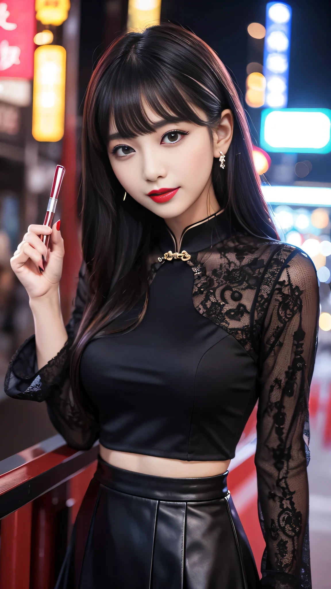 detailed、Japanese、charming beauty、seductive adult woman、Beautiful woman、sharp eyes、cool girl、wavy hair、flowing bangs、long black cheongsam、wide sleeve、Tight Skirt、evilの幹部、evil depravity、brainwashing、Mind control、lipstick、lip gloss、grin、evilな表情、evil、empty eyes、evil、night walk、lip makeup brush