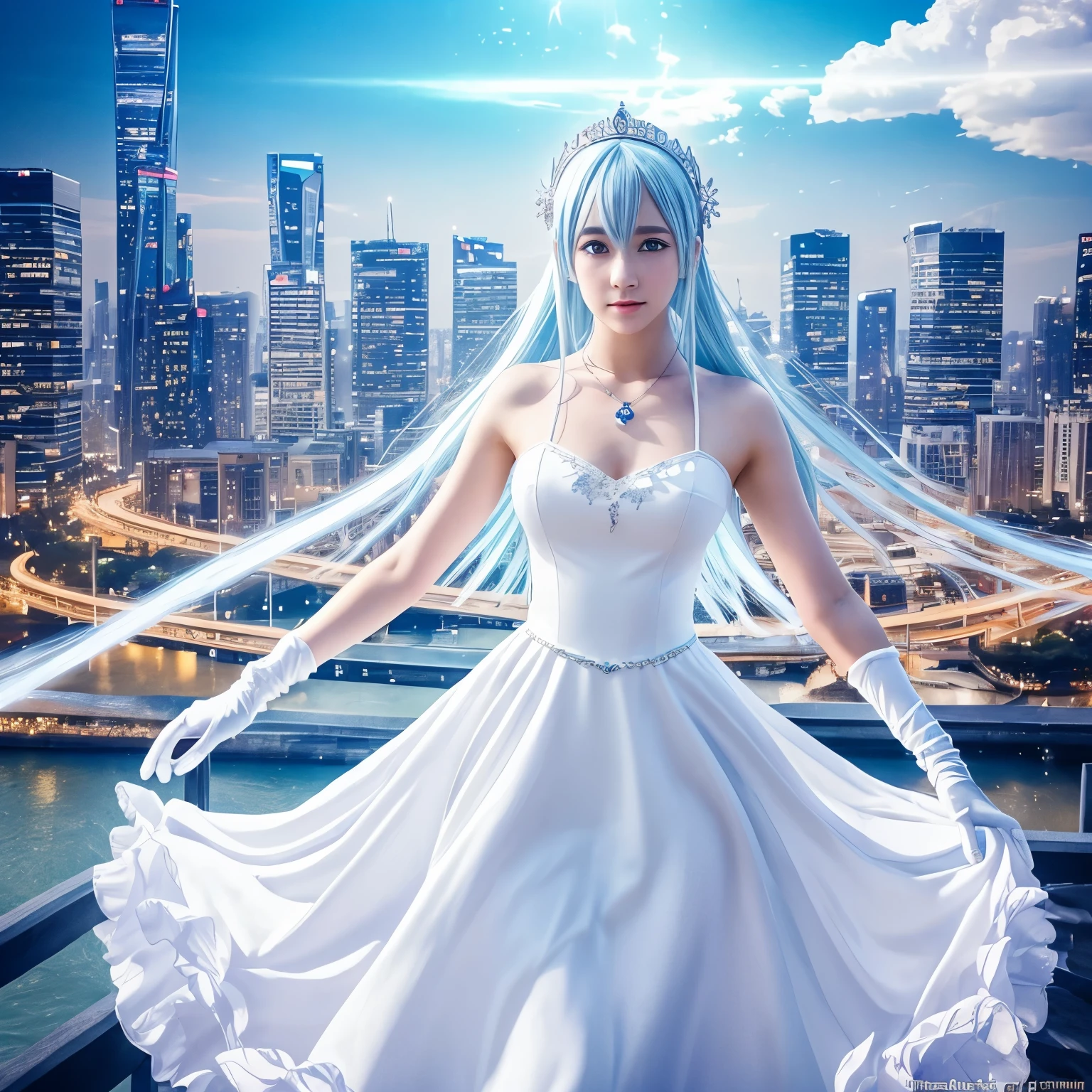 1girl, masterpiece, solo, anime, absurdres, detailed face, perfect eyes, azura, upper body, full body, white dress, jewelry, white gloves, cityscape, holding, staff, singing, blue hair, flowing, ethereal, soft lighting, vibrant colors, magical aura, elegant pose.
