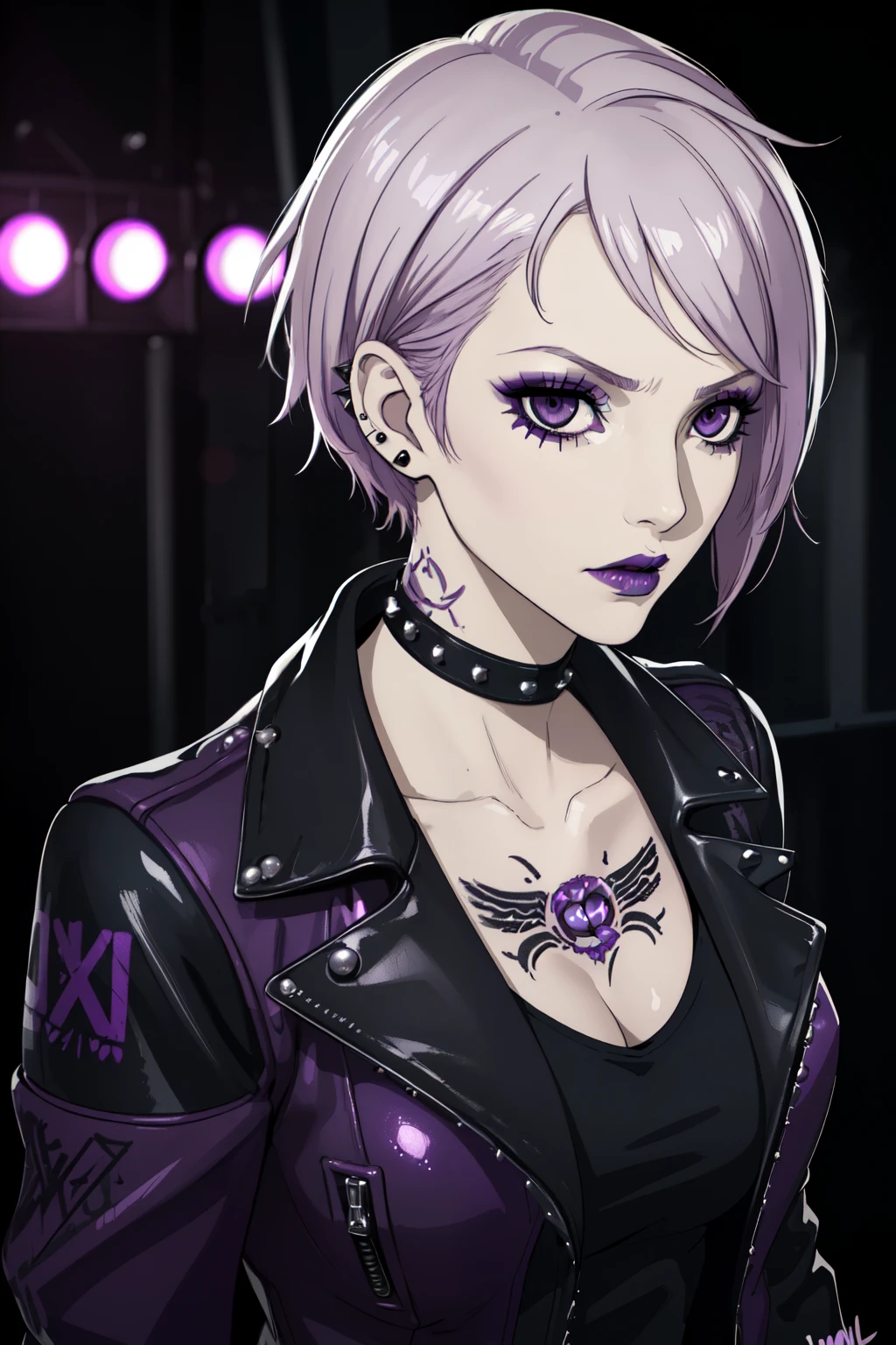(best quality,4k,8k,highres,masterpiece:1.2),ultra-detailed,(realistic,photorealistic,photo-realistic:1.37),professional,vivid colors,bokeh,portrait,alone,woman,blonde,short hair,adult,punk,rock,purple eyes,medium:oil painting texture,edgy style,beautiful detailed eyes,beautiful detailed lips,attitude,punk fashion,purple highlights,edgy makeup,tattoos,studded leather jacket,dark lipstick,rocker pose,confident expression,moody lighting,hair accessories,silver jewelry,bold personality,glowing purple lights,gritty atmosphere,smoky eye makeup,grunge vibe,captivating gaze,graffiti backdrop,artistic rebellion, warm color palette, soft lighting, adult, teacher