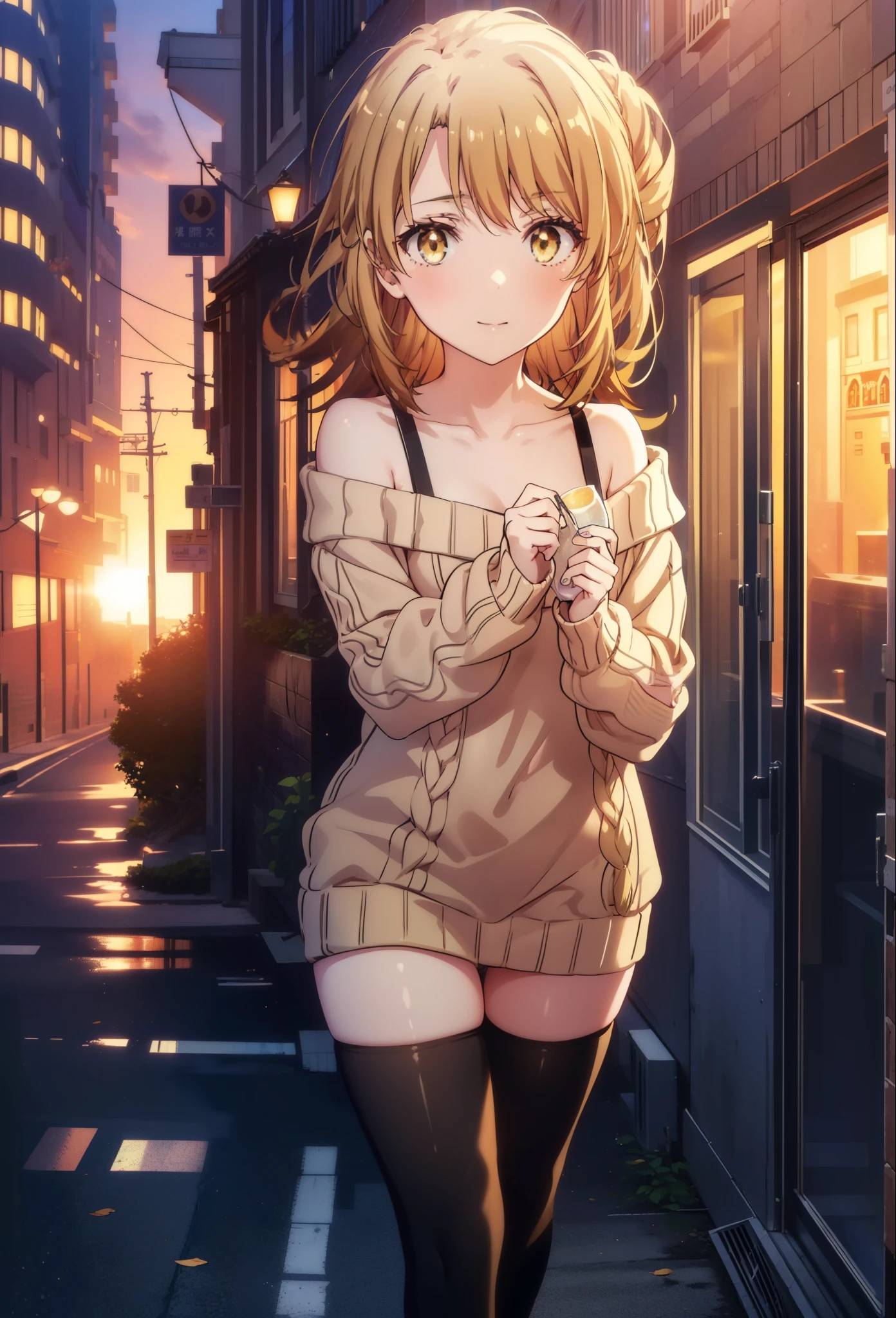 irohaisshiki, iroha isshiki, long hair, brown hair, (brown eyes:1.5), smile,blush,short braided hair,ponytail,off shoulder sweater,bare shoulders,naked neck,bare clavicle, oversized sweater, oversized sweater,  shorts,black pantyhose,short boots,morning日,morning,the sun is rising,walking,,
break outdoors, building street,In town,
break looking at viewer,
break (masterpiece:1.2), highest quality, High resolution, unity 8k wallpaper, (figure:0.8), (detailed and beautiful eyes:1.6), highly detailed face, perfect lighting, Very detailed CG, (perfect hands, perfect anatomy),