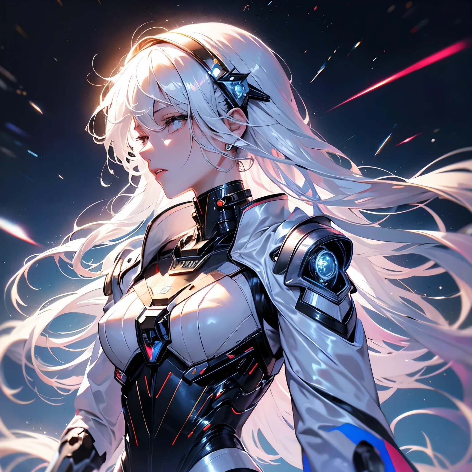 Masterpiece, best quality, 4k, mecha, starry sky, sky, stars(sky), cape, headband, slender legs, long hair, white hair, cyberpunk, depth of field, blurred background,