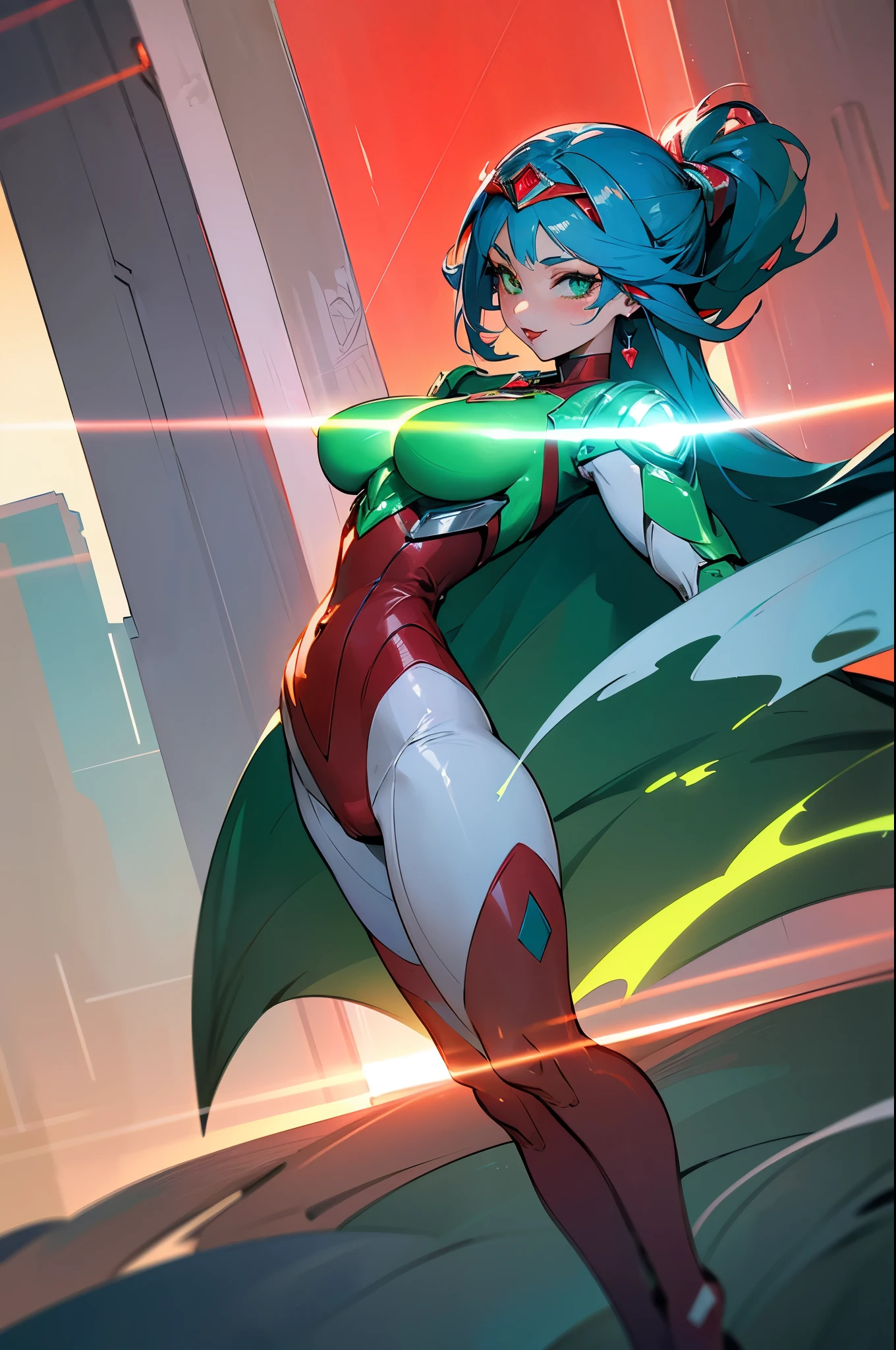 Full body image, standing, Princess Zelda giant, (red with silver costume:1.5), as Ultraman, immensely large breasts1, very tight body suit, heavy makeup on her face, light blue jewel on the breastplate, helmet on head, red lipstick on her mouth, (she green eyes:1.5, blue hair:1.5), Looking at the viewer from the front, rays of light behind, she is in a futuristic city with several monsters attacking the buildings, Tokusatsu, Ultraman, tongue out, anime style, cinematic lighting, 16k, UHD, masterpiece, best quality, high details