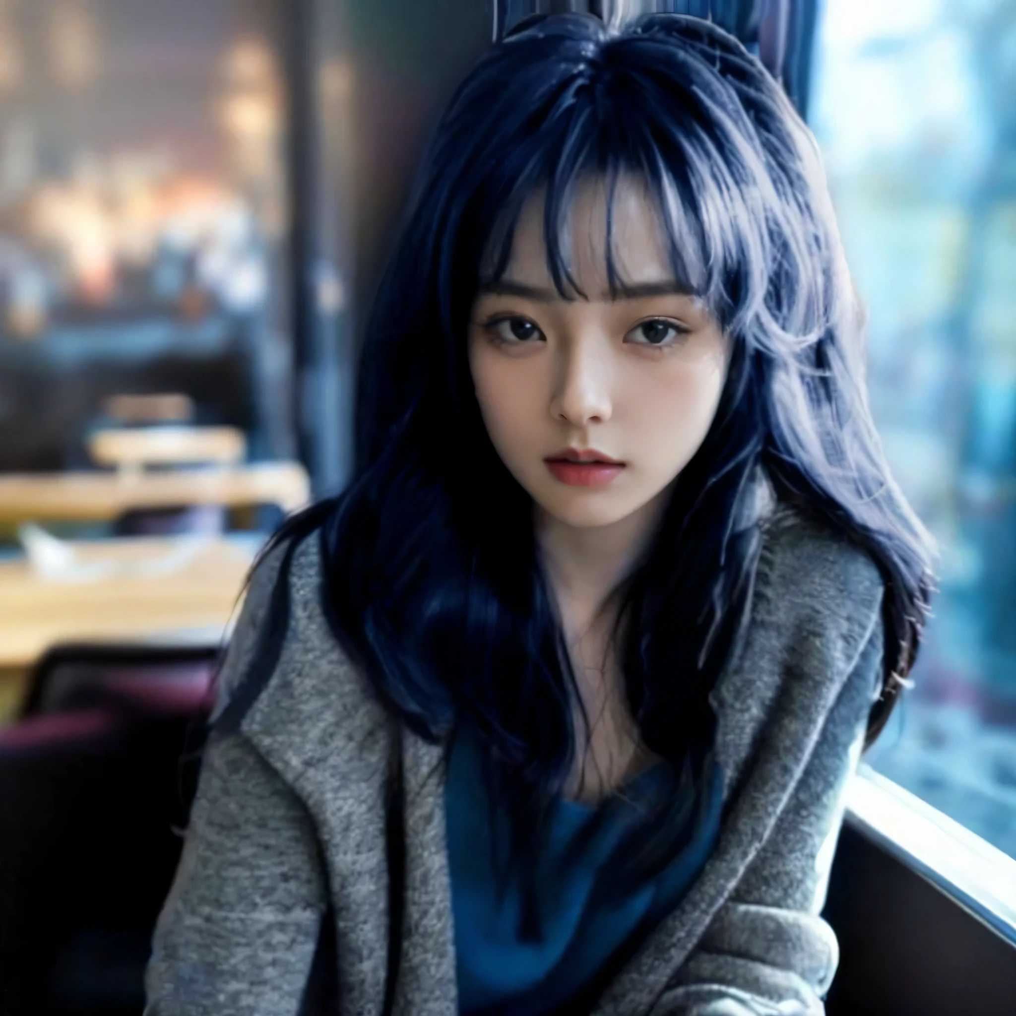 araffe woman with long dark hair sitting in a restaurant, dark blue hair, navy hair, ulzzang, dark blue long hair, she has black hair with bangs, pretty girl with blue hair, korean girl, blue hairstyle, beautiful blue haired girl, dark blue tones, girl with blue hair, anime style mixed with fujifilm, black hime cut hair