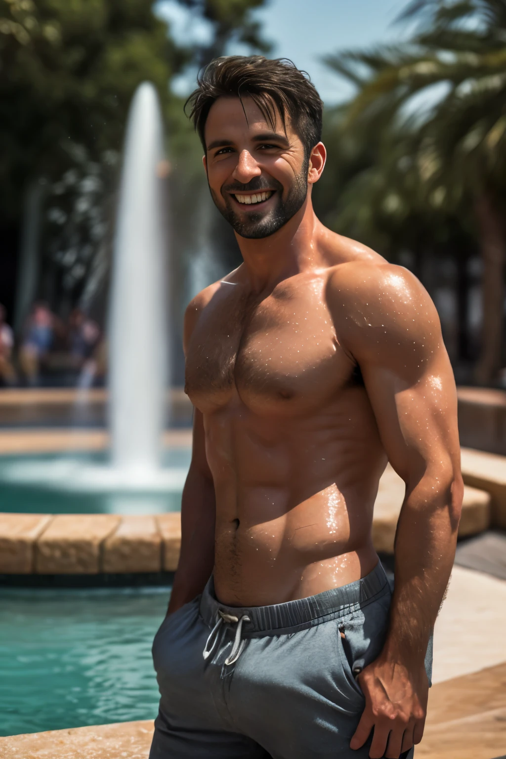 Daring man 35 years old, takes off his T-shirt, against the backdrop of a fountain in Spain, sweaty, cheeky teasing smile, predatory look, Surprised passers-by around, high quality photography, beautiful, masterpiece