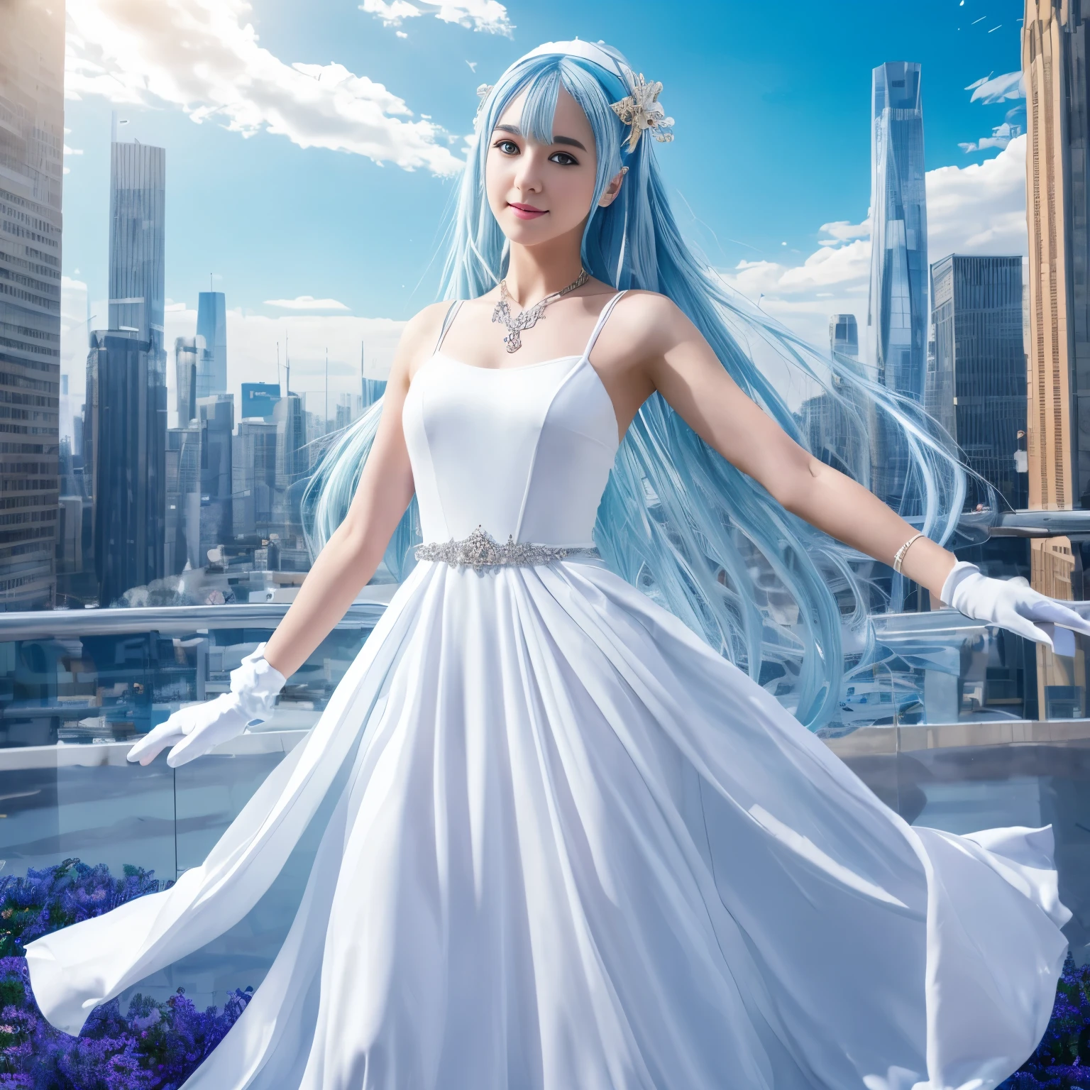 1girl, masterpiece, solo, anime, absurdres, detailed face, perfect eyes, azura, upper body, full body, white dress, jewelry, white gloves, cityscape, holding, staff, singing, blue hair, flowing, ethereal, soft lighting, vibrant colors, magical aura, elegant pose.