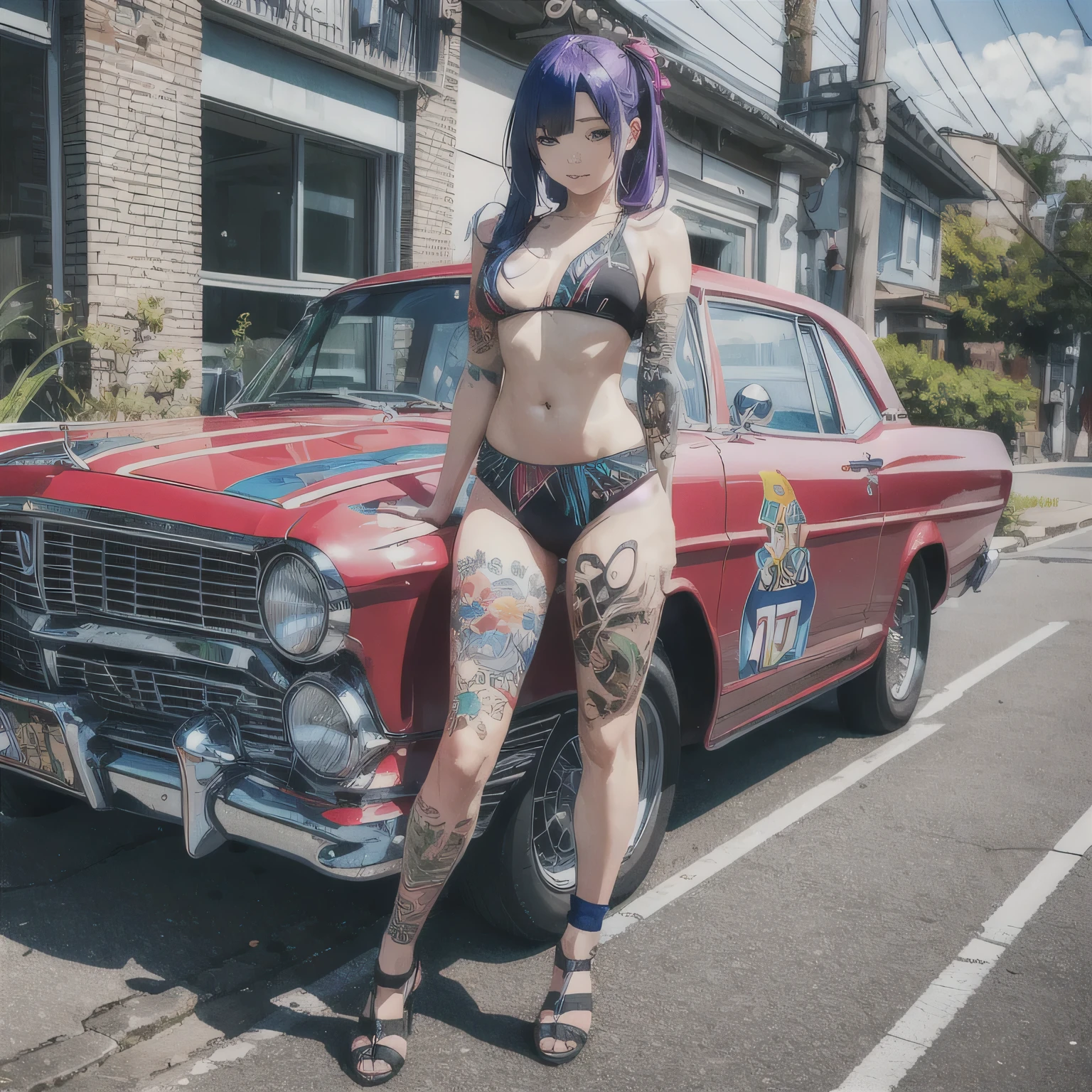 2 anime girls, topless, wearing blue panties, tattoos their chest, tattoos on their arms, standing next to a purple lowrider car, by the lake, 8k, full frame