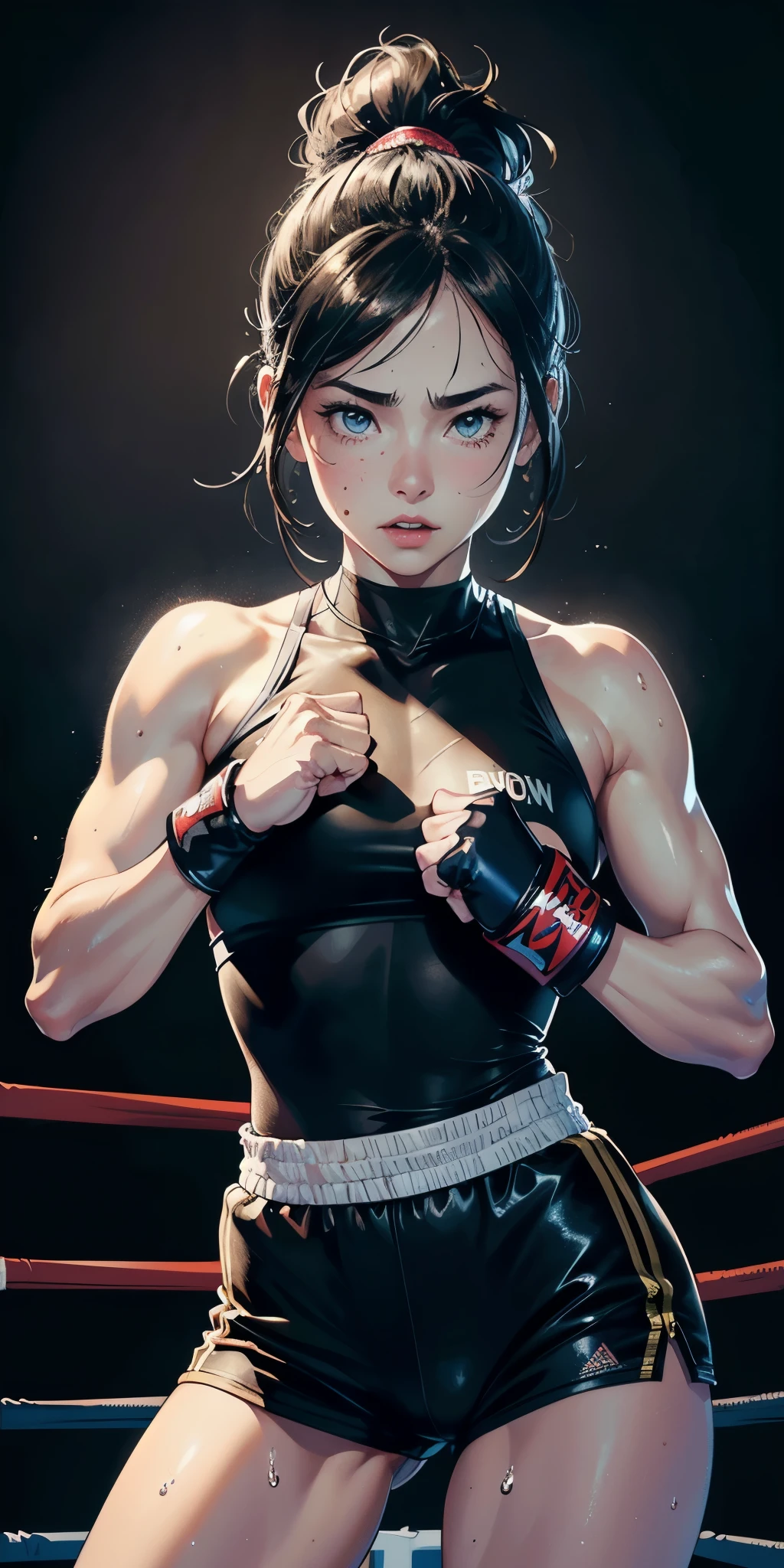 (original) , (very detailed wallpaper) , (best quality) , (masterpiece) , photographic reality, realistic, very detailed illustrations, (1 girl) , beautiful eyes, (delicate face) , perfect detail, (best lighting) , (super complex details) ,
(boxing girl) , (aggressive punching) , sweat, heavy breathing, (oppressive attack) , (boxing ring) , athletic shorts, perfect detail, perfect fingers, perfect limbs, impact, (shiny skin) , abs, muscles, waistline,boxing shorts, fist fight, black hair, high ponytail, very long hair,
4K unified, (super detailed CG: 1.2) , (8K: 1.2) , realistic, octane rendering