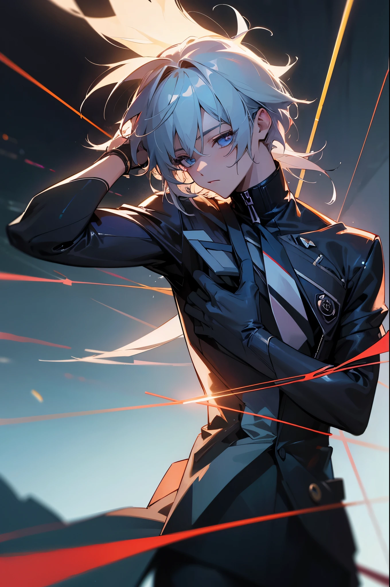 ultra detail, High resolution, ultra detailed, highest quality, wonderful, highest quality, Highly detailed CG Unity 8K wallpaper, cinematic lighting,cyber punk, dark boy,Manbang,tie hair,Tie your hair back,all back
