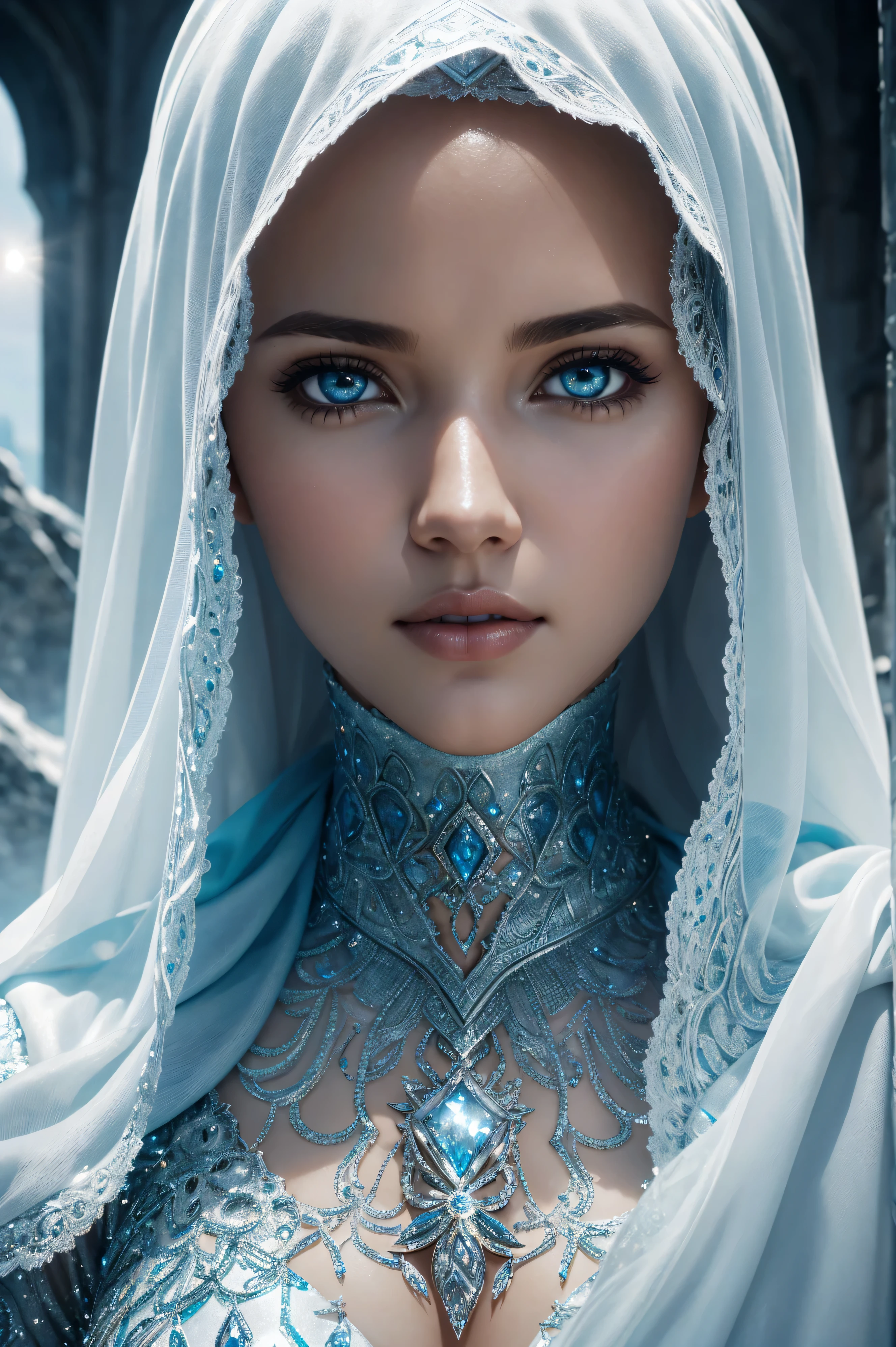 Arielle Kebbel, wearing hijab costume transparent. professionally retouched, soft lighting, realistic, smooth face, perfect eyes, sharp focus on eyes, 8 k, high definition, insanely detailed, intricate, elegant. be in front of the ice castle.